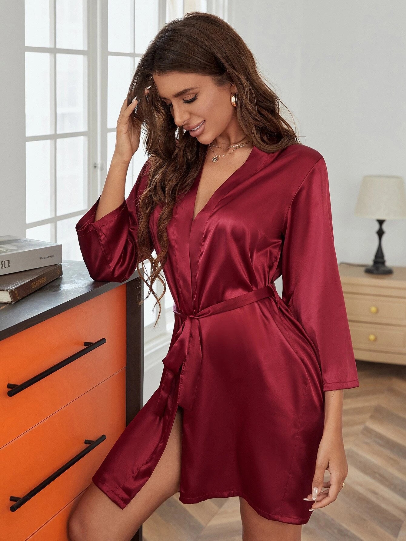 Luvelle Satin Robe: Dreamy Open Front with Belt_Burgandy