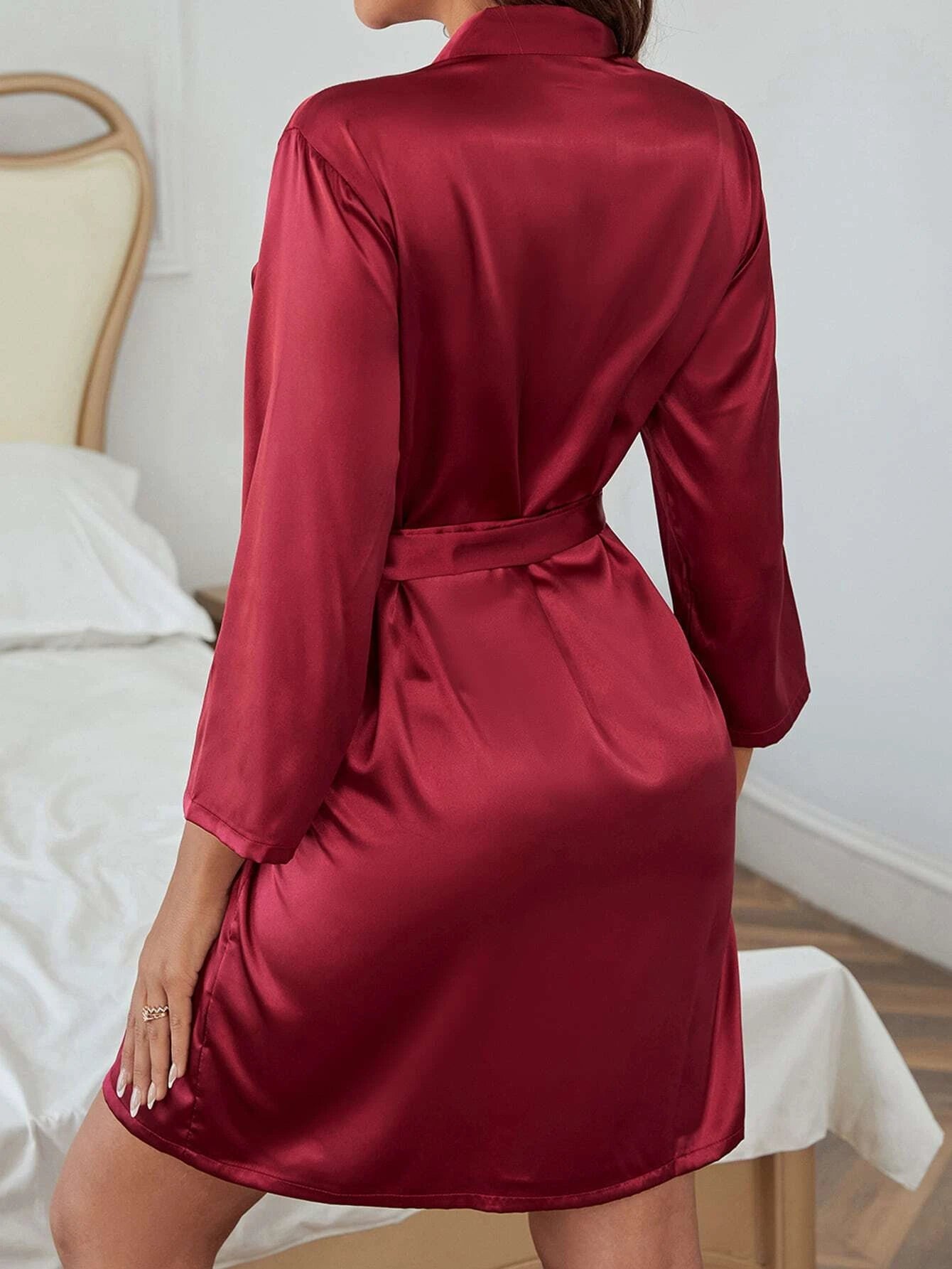 Luvelle Satin Robe: Dreamy Open Front with Belt_Burgandy