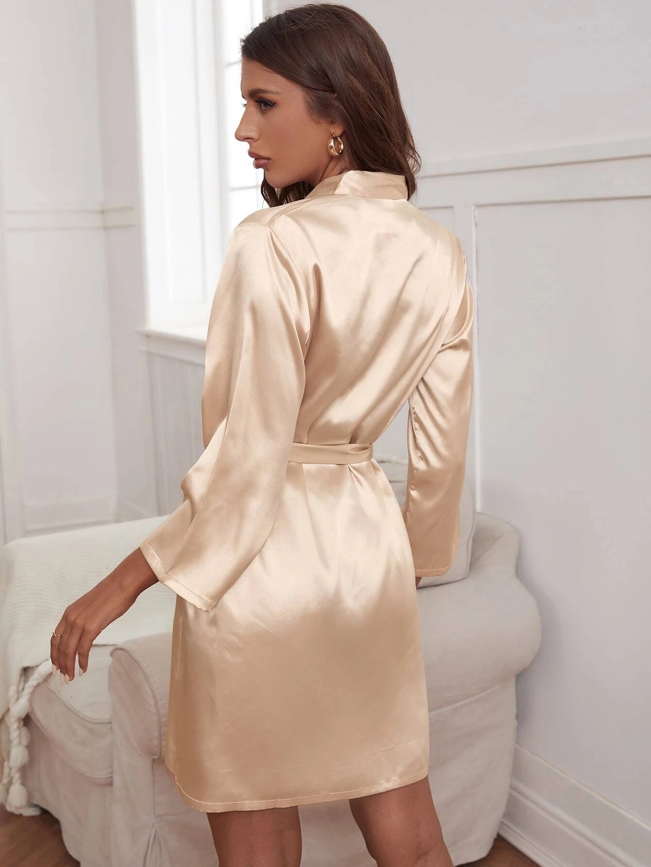 Luvelle Satin Robe: Dreamy Open Front with Belt_Champagne