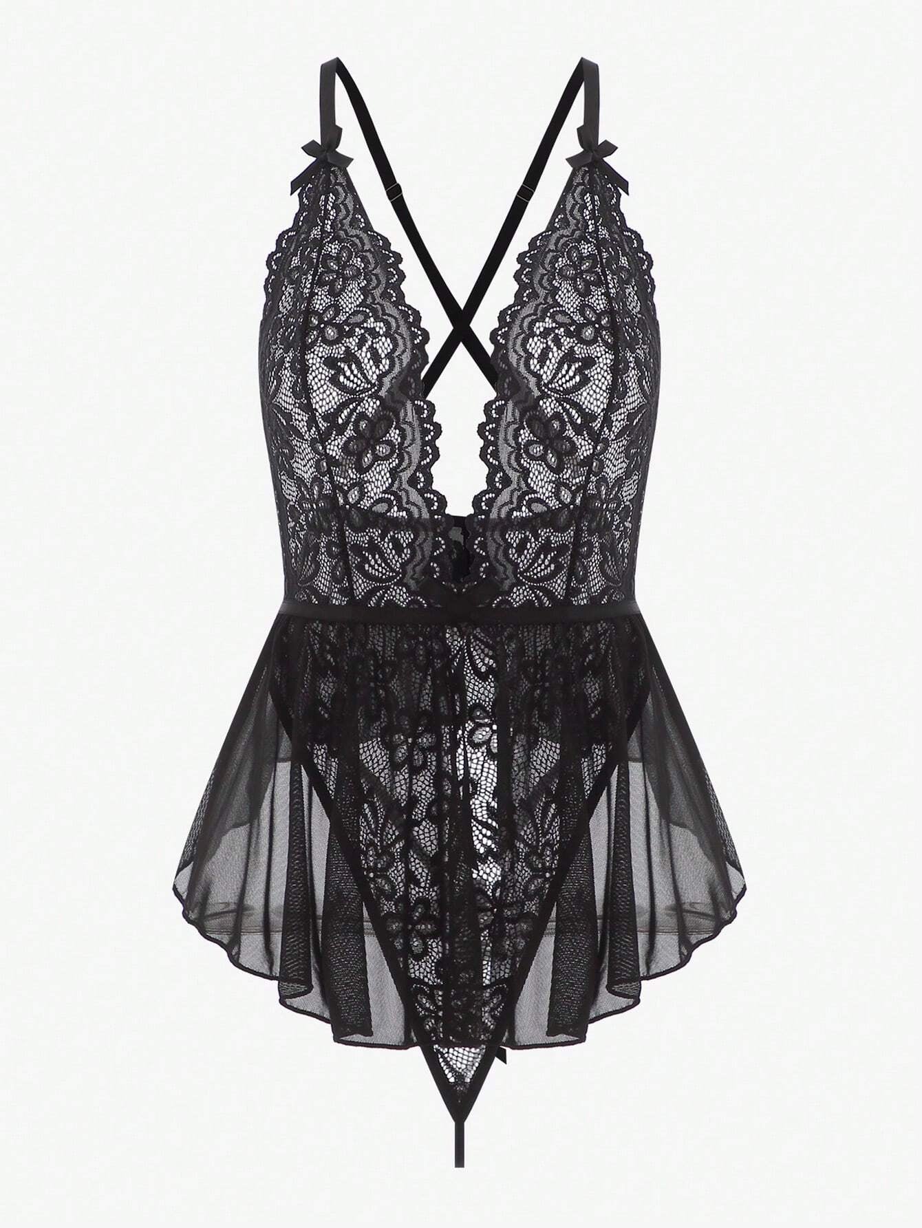 Luvelle Sultry Slip: Lace Mesh with Criss Cross Back_Black