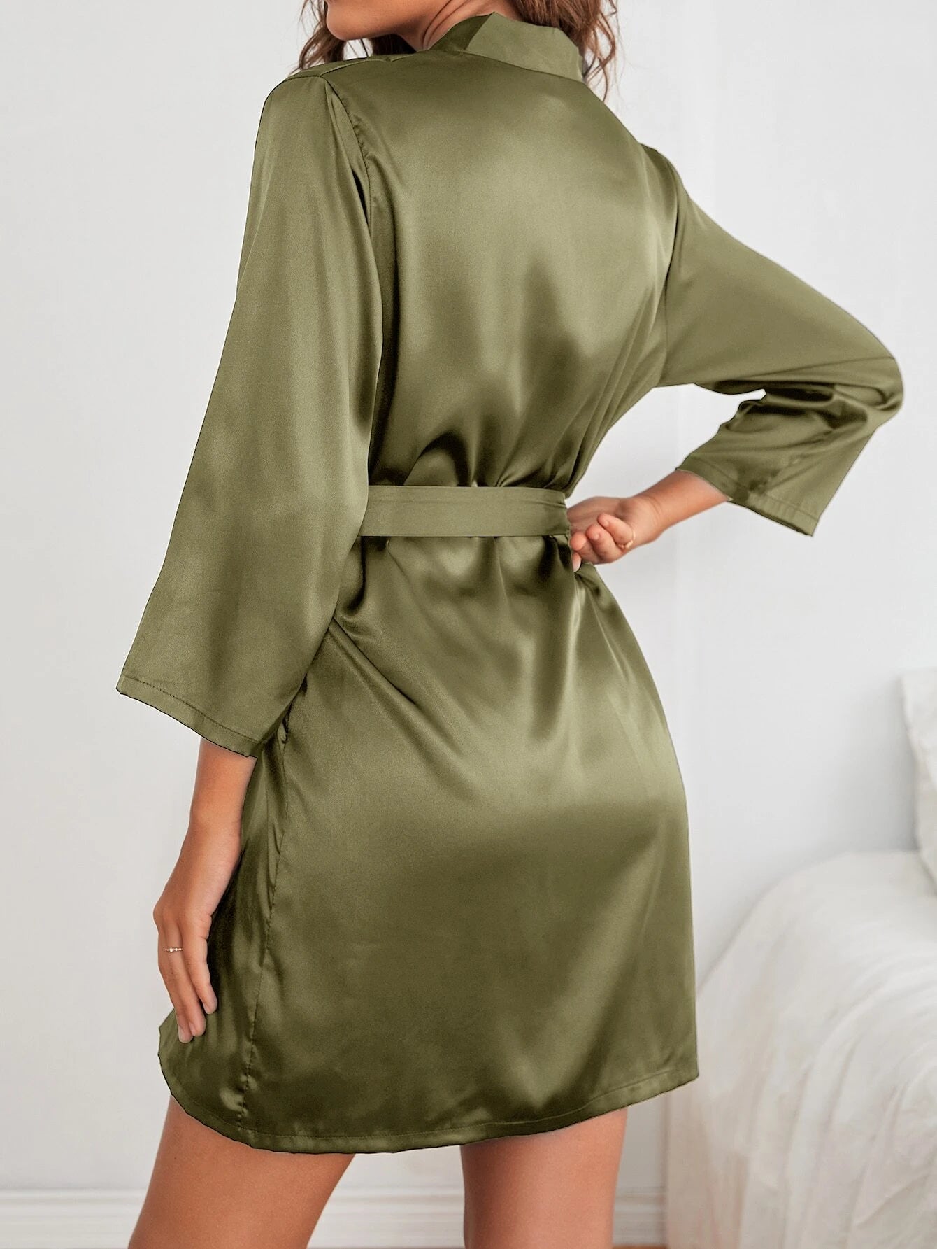 Luvelle Satin Robe: Dreamy Open Front with Belt_Green