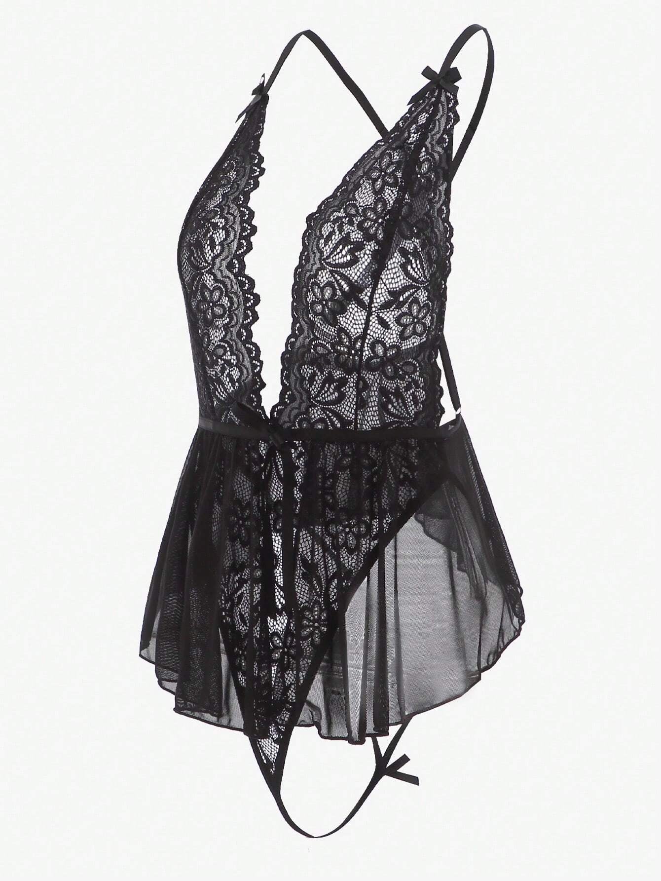 Luvelle Sultry Slip: Lace Mesh with Criss Cross Back_Black