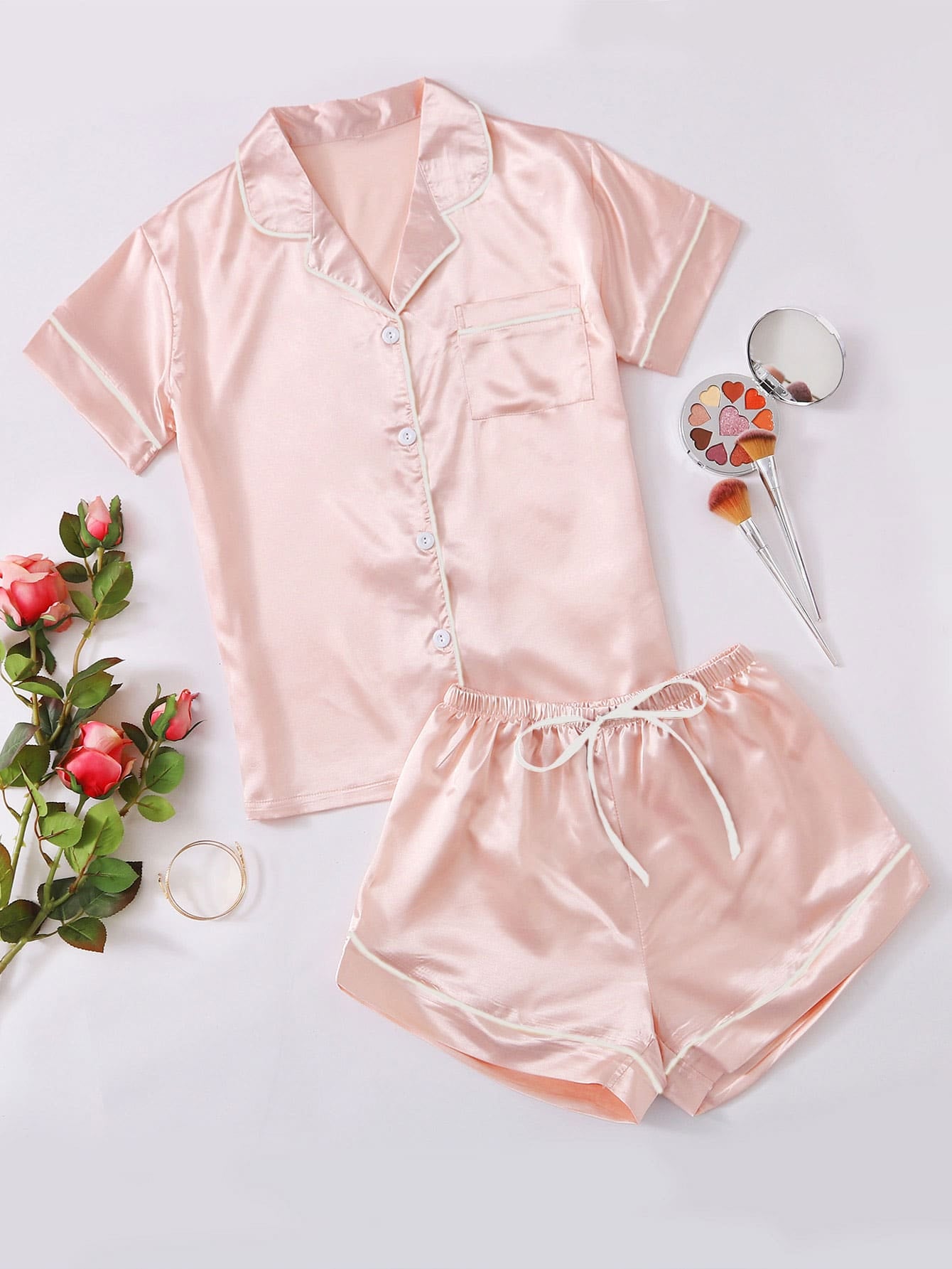 Luvelle Dreams: Satin PJ Set with Contrast Binding_Baby Pink