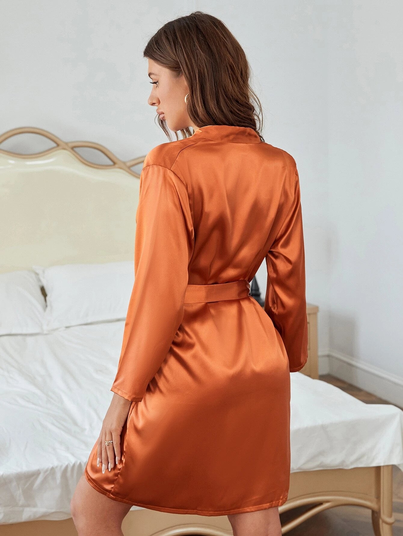 Luvelle Satin Robe: Dreamy Open Front with Belt_Orange