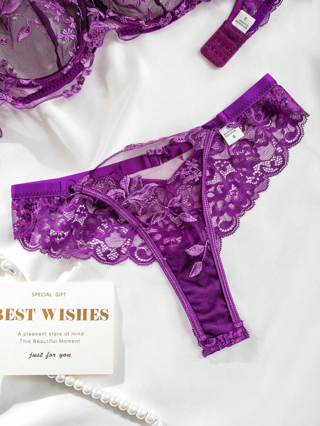 Luvelle Floral Charm: Embroidered Mesh Underwire Set_Purple