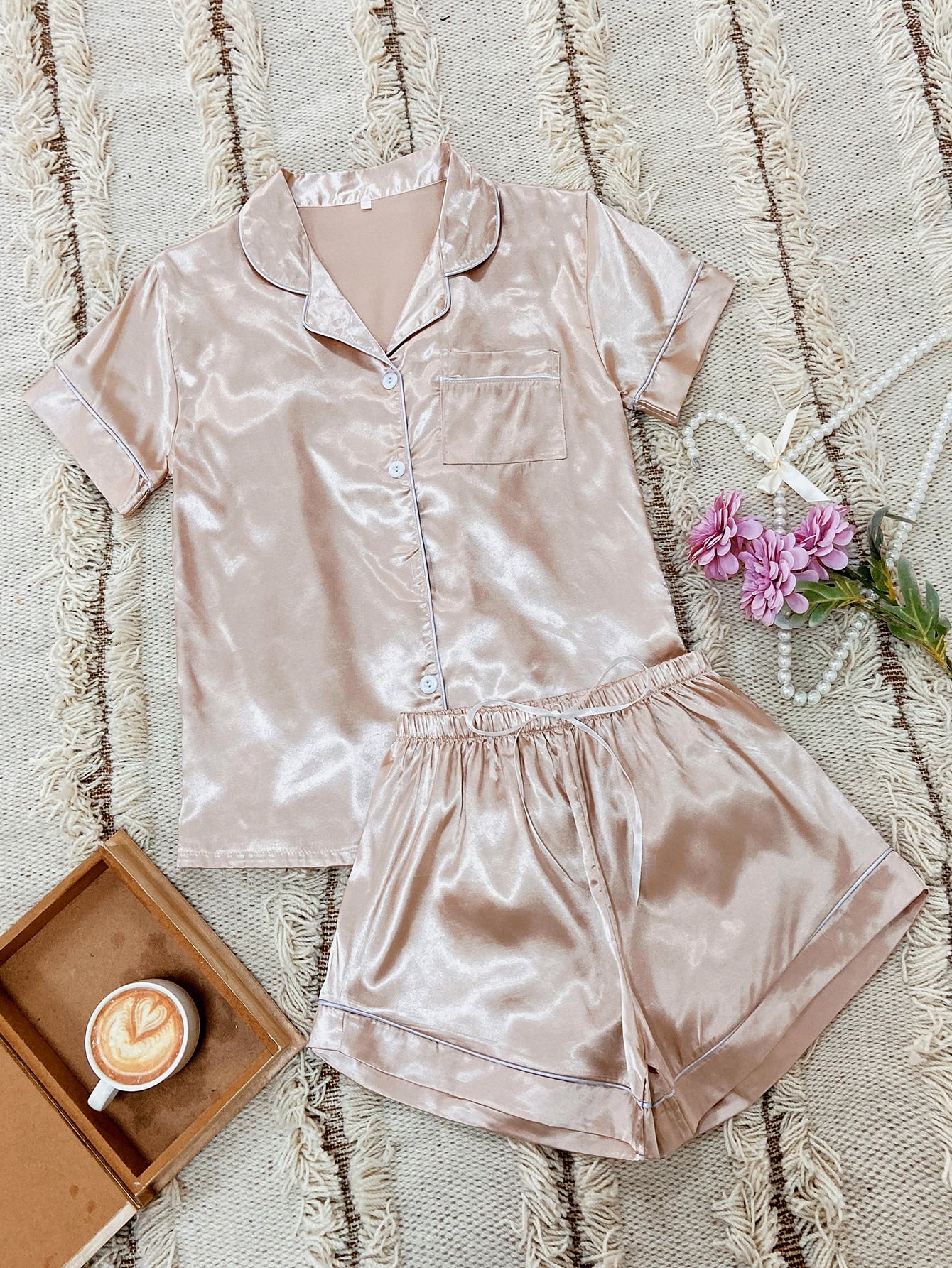 Luvelle Dreams: Satin PJ Set with Contrast Binding_Champagne