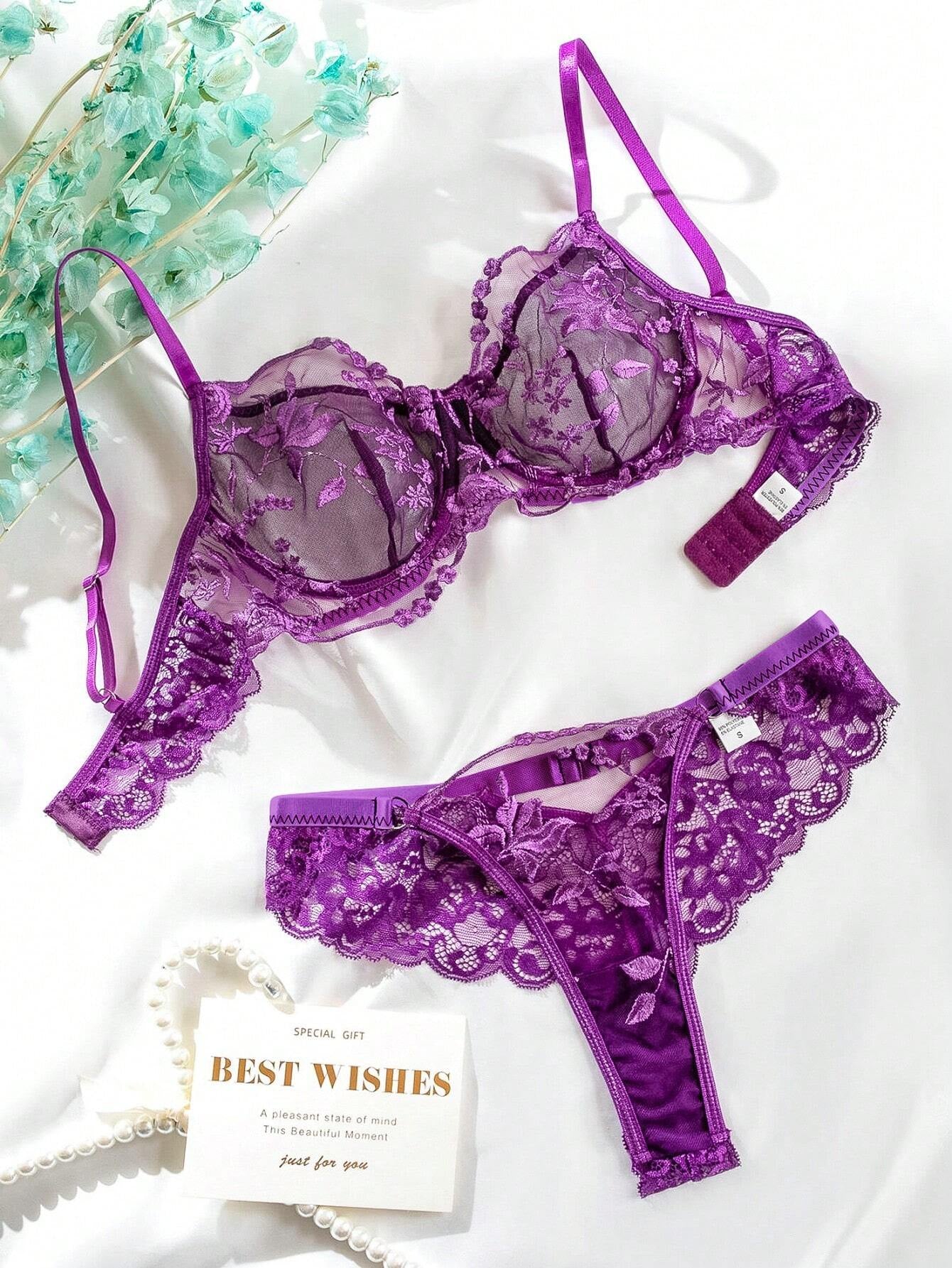 Luvelle Floral Charm: Embroidered Mesh Underwire Set_Purple