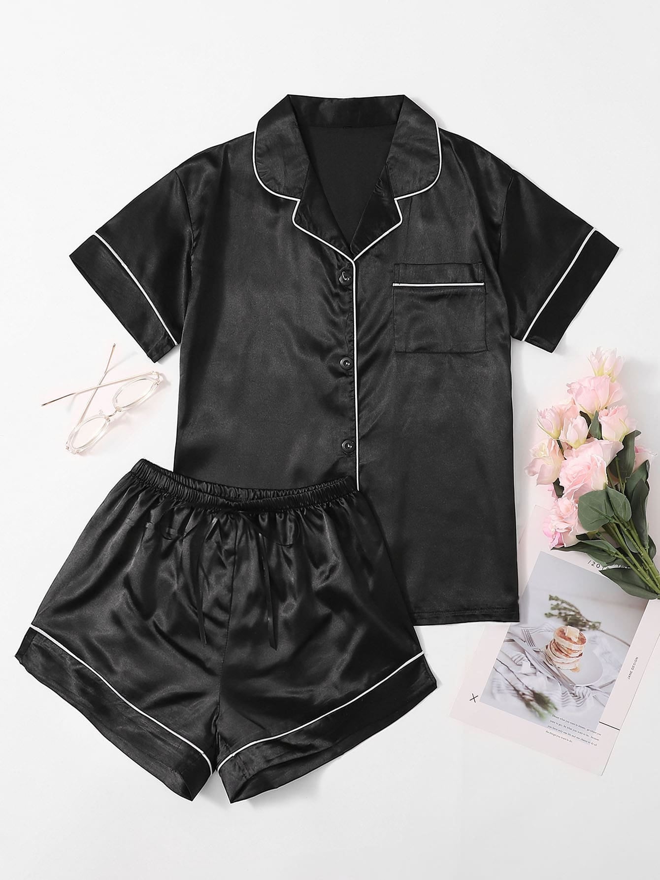 Luvelle Dreams: Satin PJ Set with Contrast Binding_Black