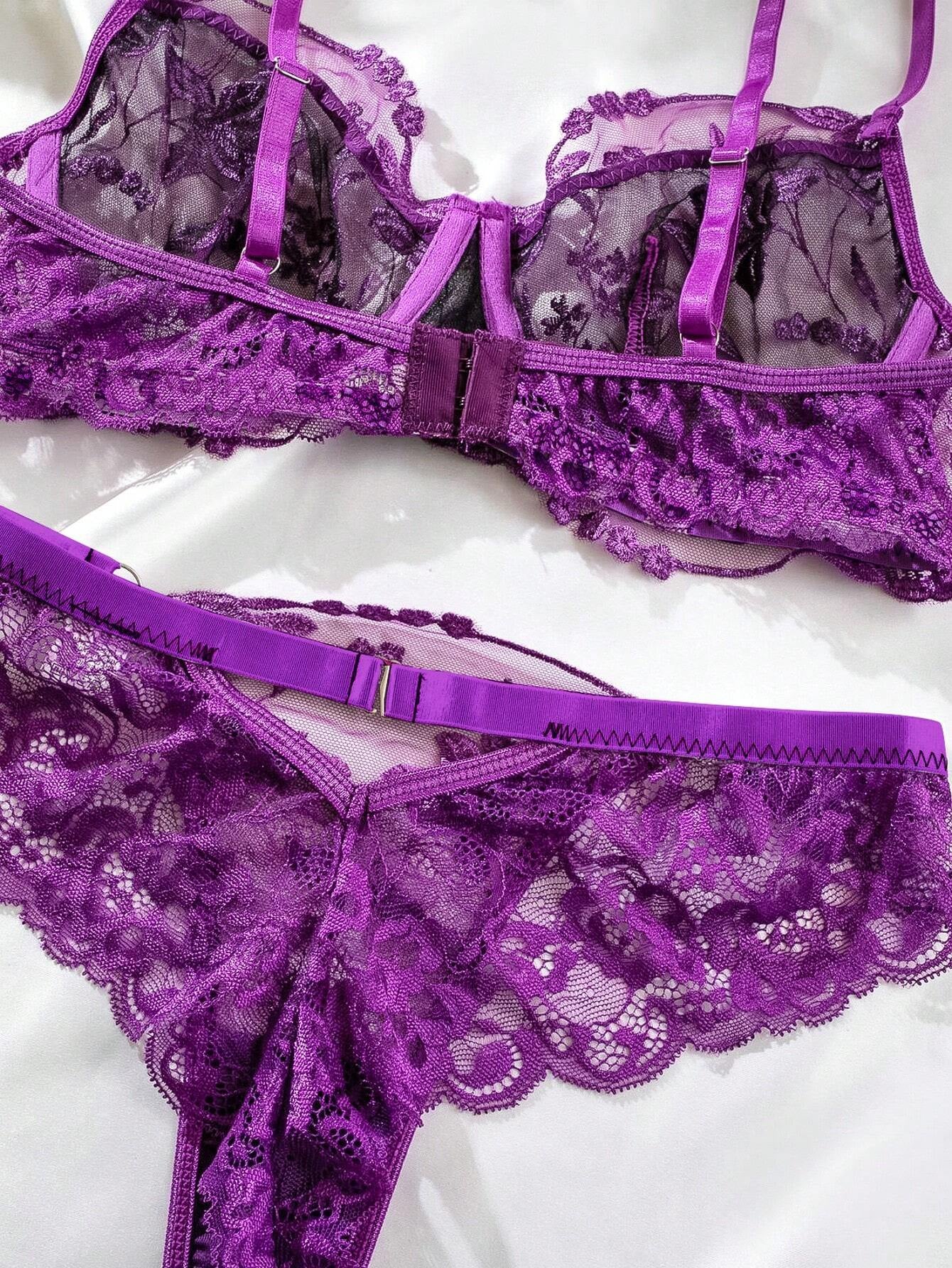 Luvelle Floral Charm: Embroidered Mesh Underwire Set_Purple