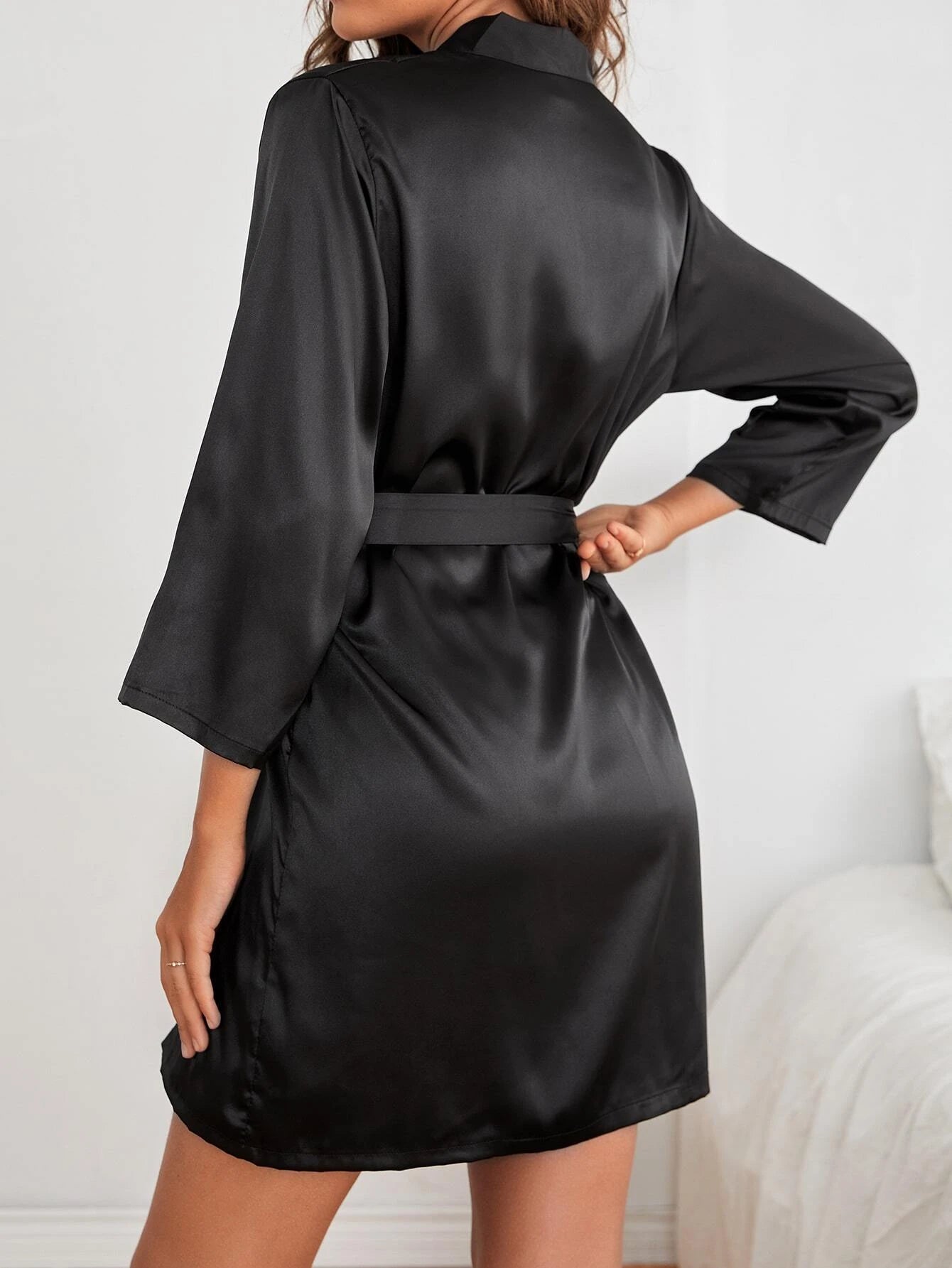 Luvelle Satin Robe: Dreamy Open Front with Belt_Black