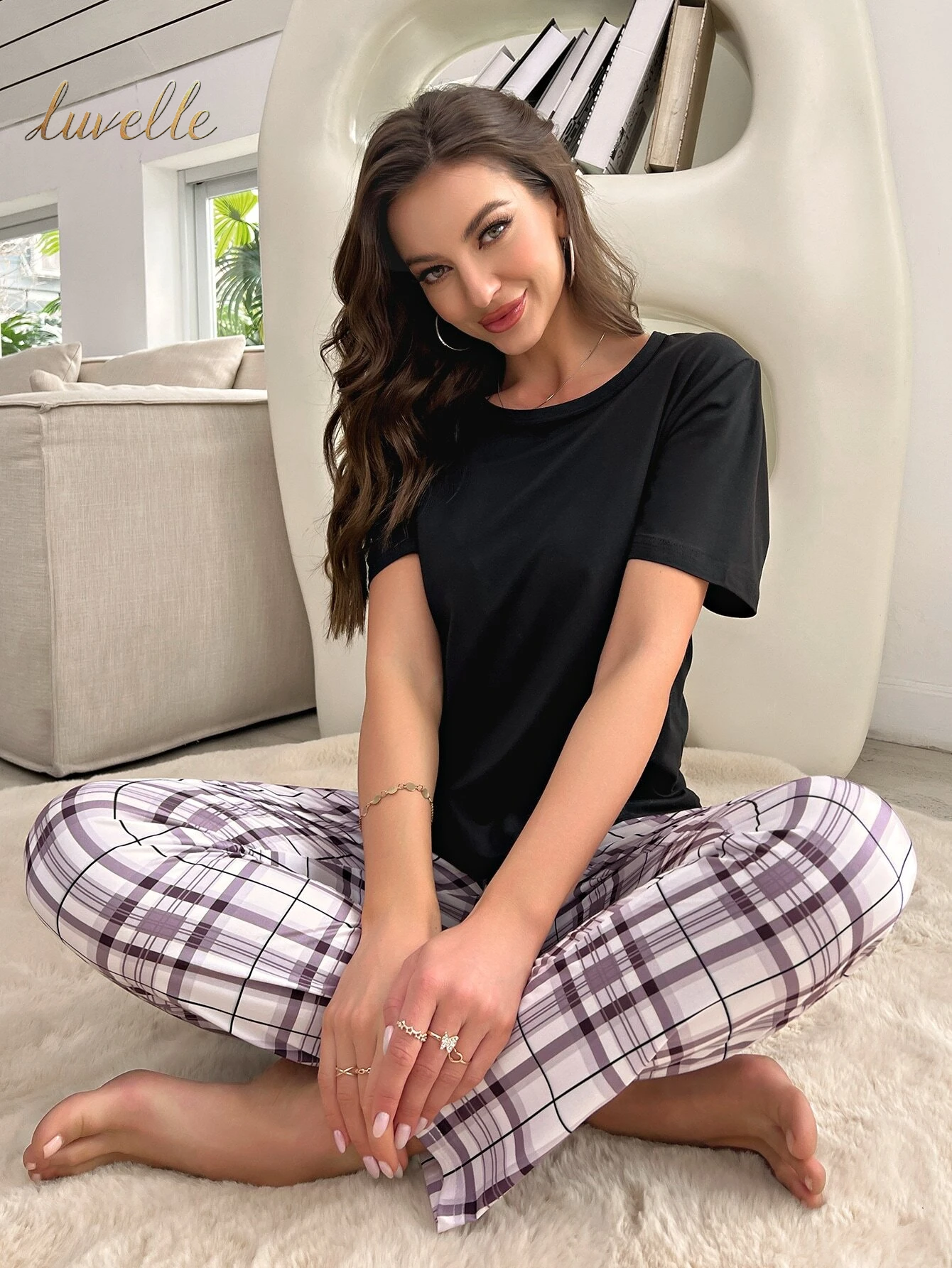 Tartan Print PJ Set / Pajama Set_Mauve Purple