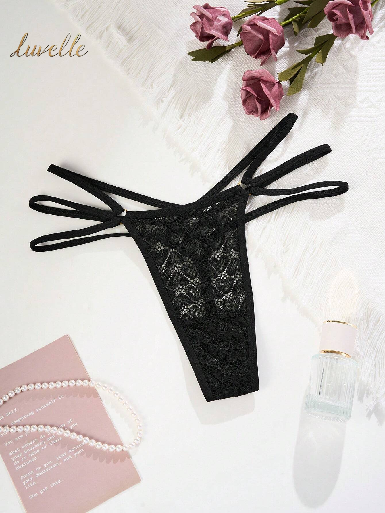 Floral Lace Ring Linked Thong Lingerie_Black