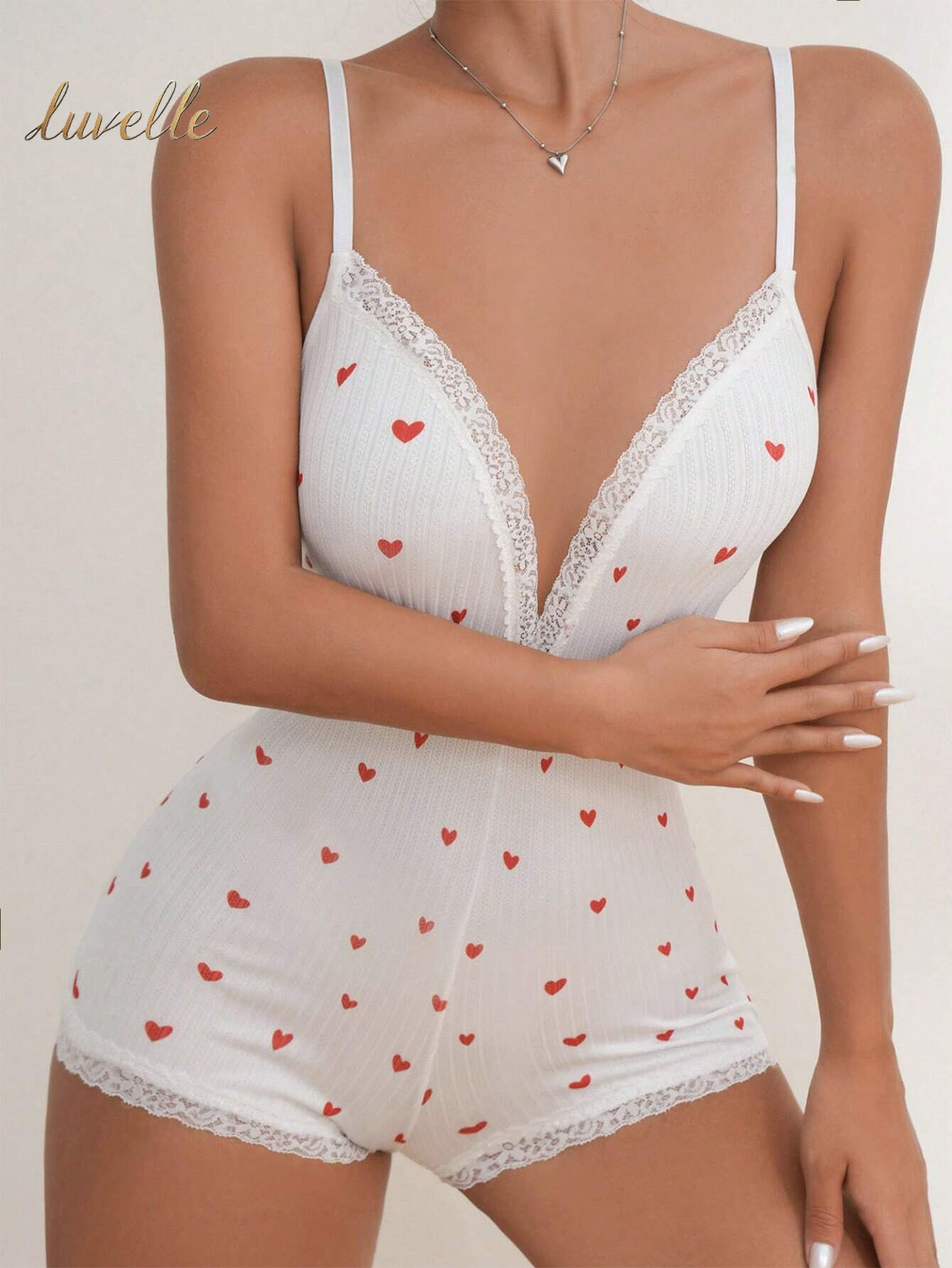 Heart Print Lace Trim Cami Romper