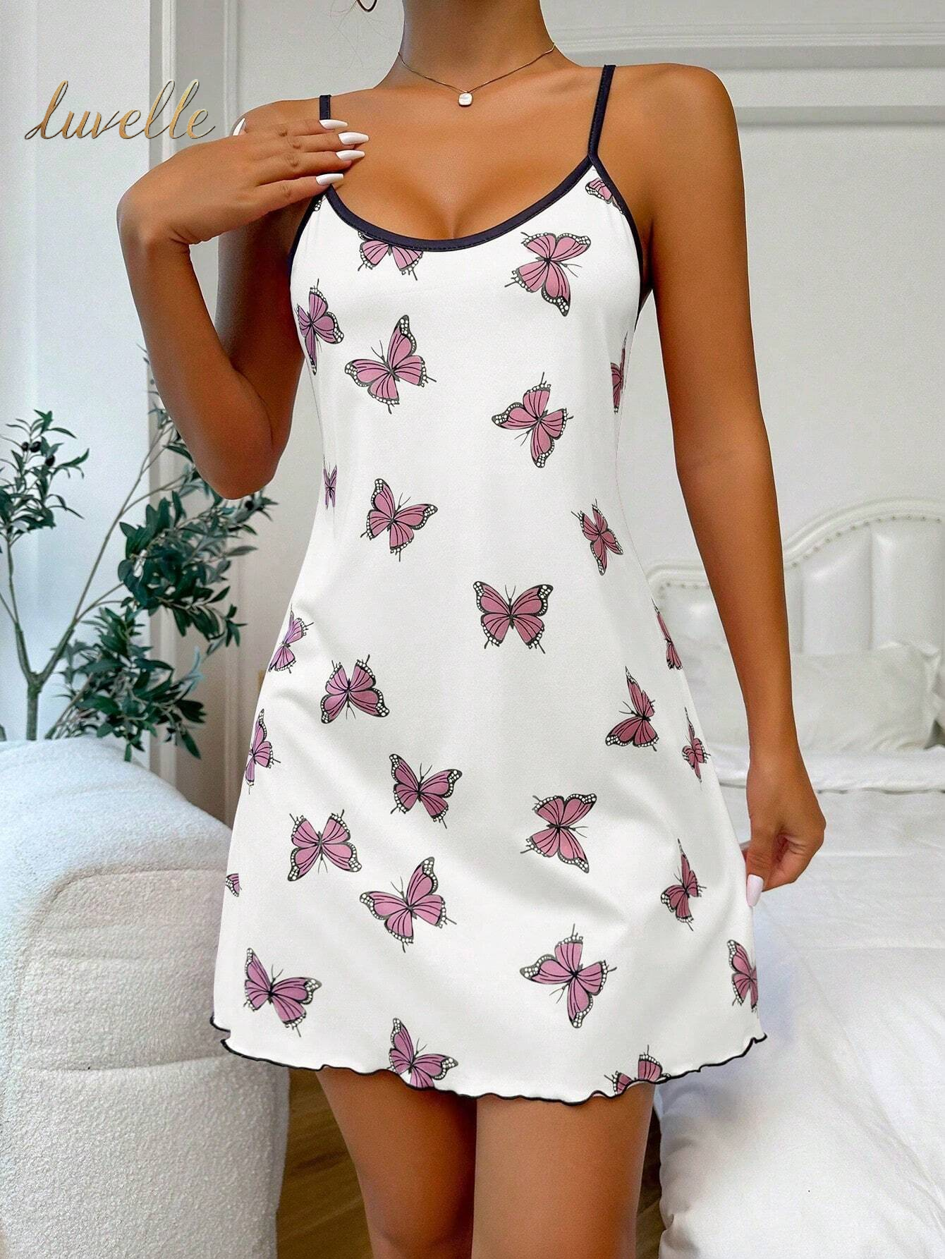 Butterfly Print Contrast Binding Lettuce Trim Cami Pajama Nightdress_White