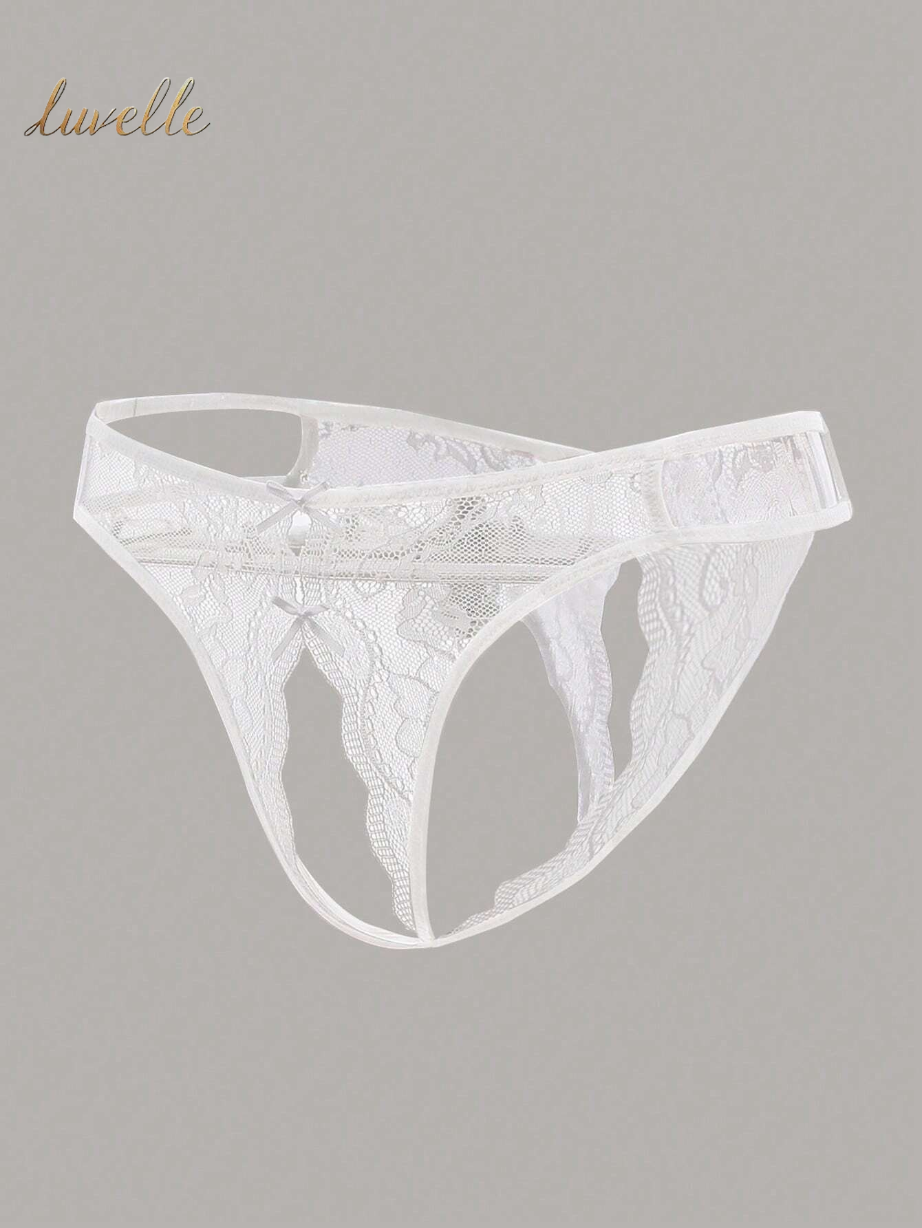 Classic Sexy Floral Lace Bow Decor Crotchless Panty Lingerie_White