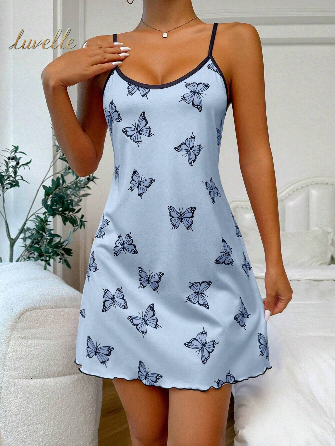 Butterfly Print Contrast Binding Lettuce Trim Cami Pajama Nightdress_Baby Blue