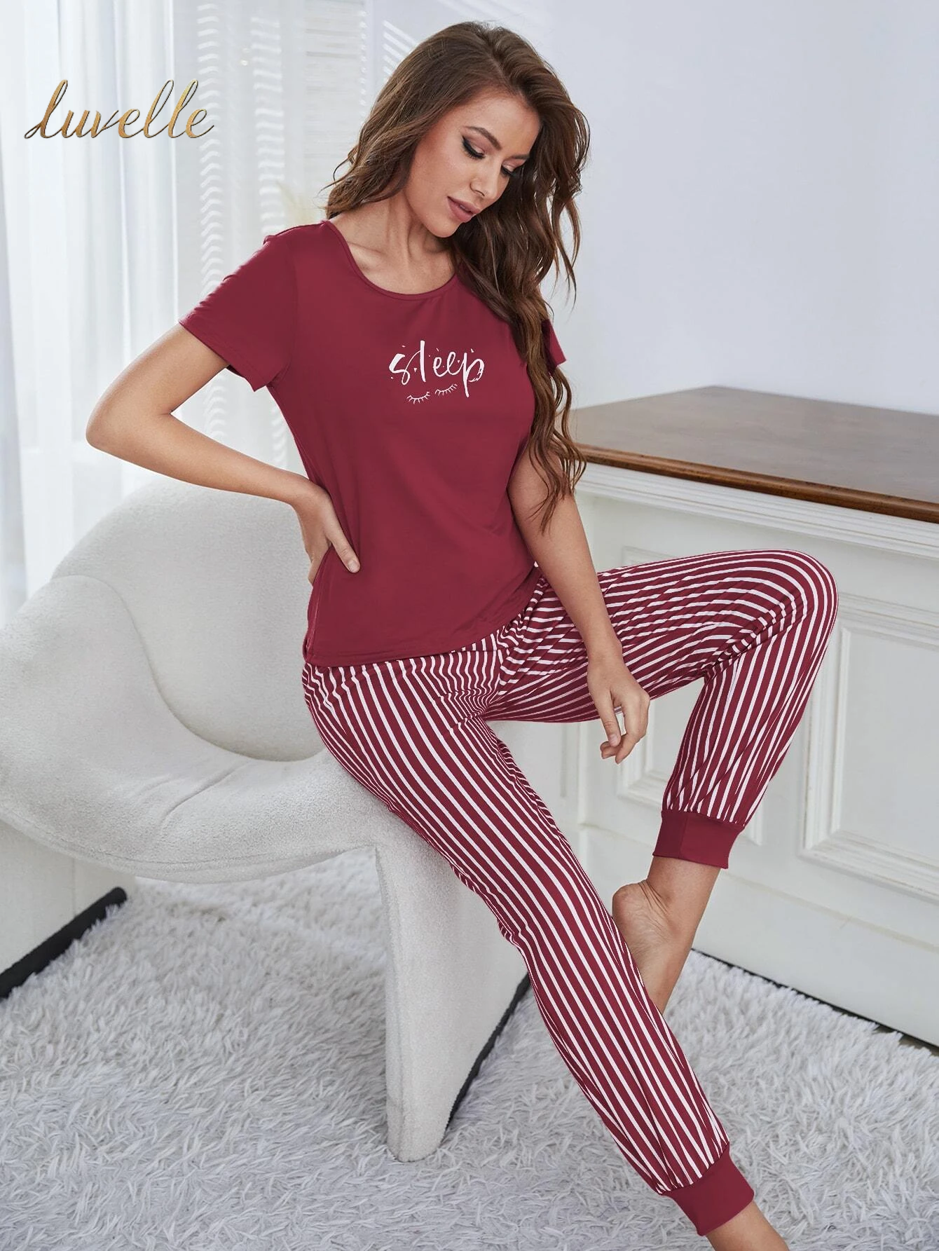 Eyelash & Letter Graphic Tee & Striped Pants PJ Set / Pajama Set_Burgundy