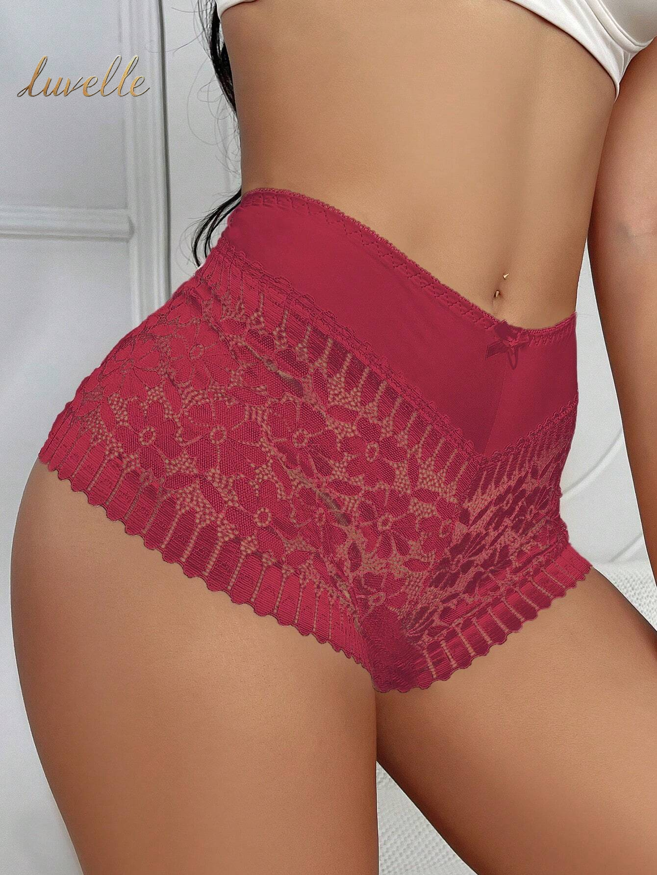 1Pc Sexy Hollow Out Mid-Rise Breathable Lace Underwear with Cross-Border Waist and Buttocks from Europe and America_Burgundy