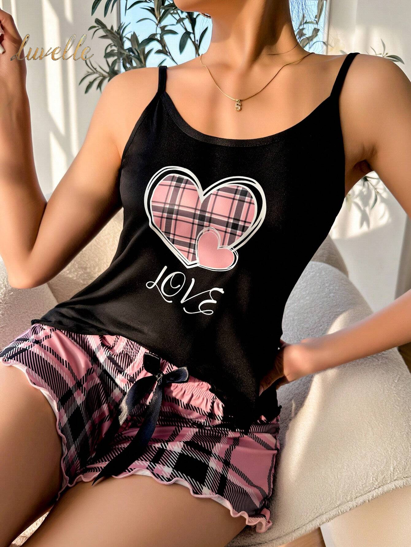 Luvelle Loving Embrace: Heart Shaped Plaid Cami Short PJ Set_Black