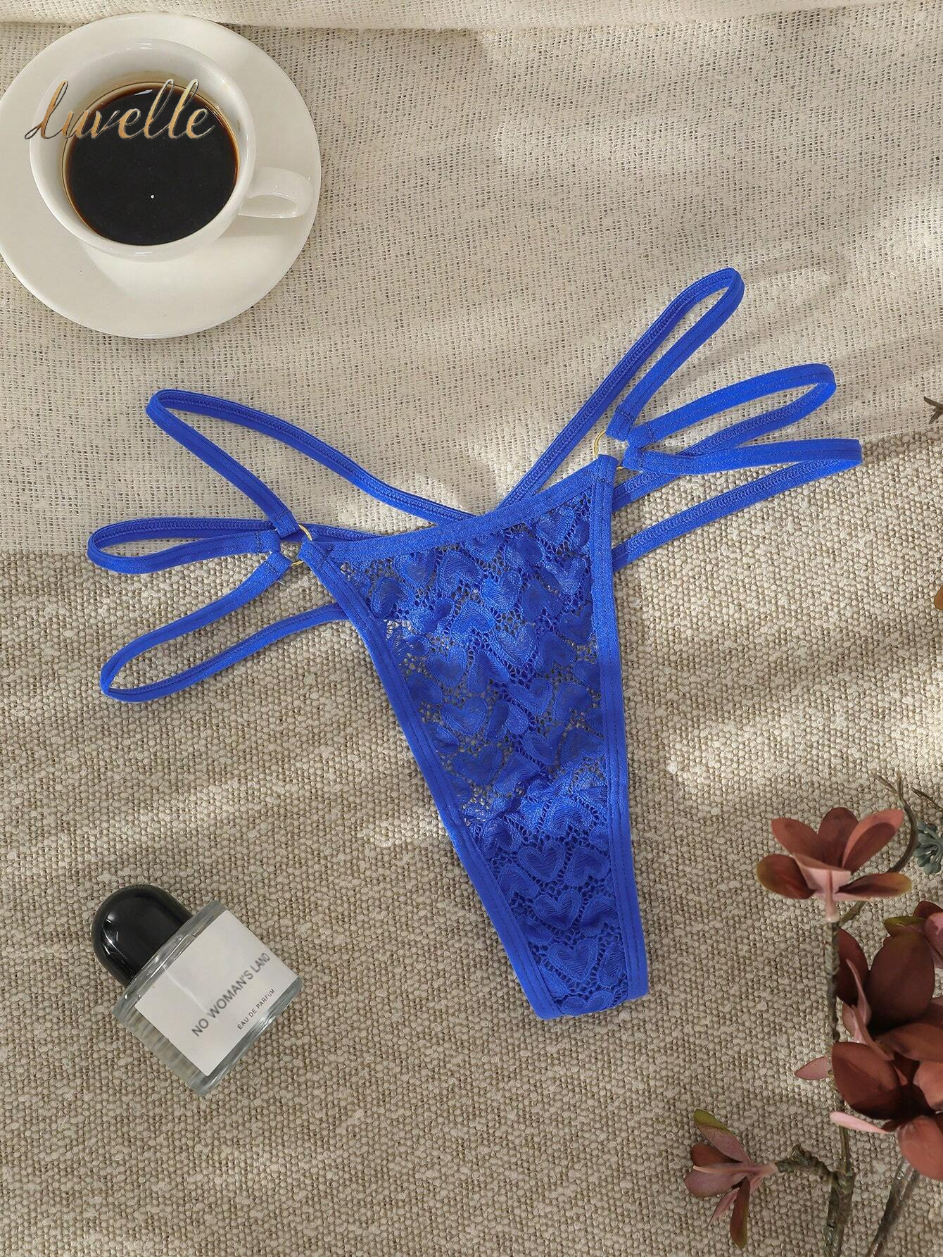 Floral Lace Ring Linked Thong Lingerie_Blue