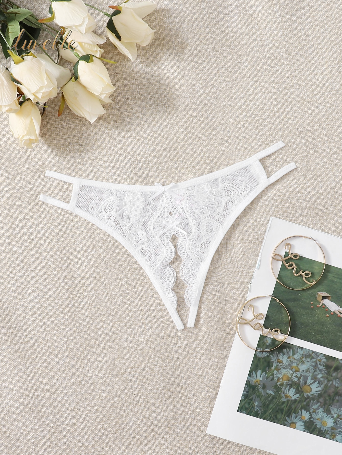 Classic Sexy Floral Lace Bow Decor Crotchless Panty Lingerie_White