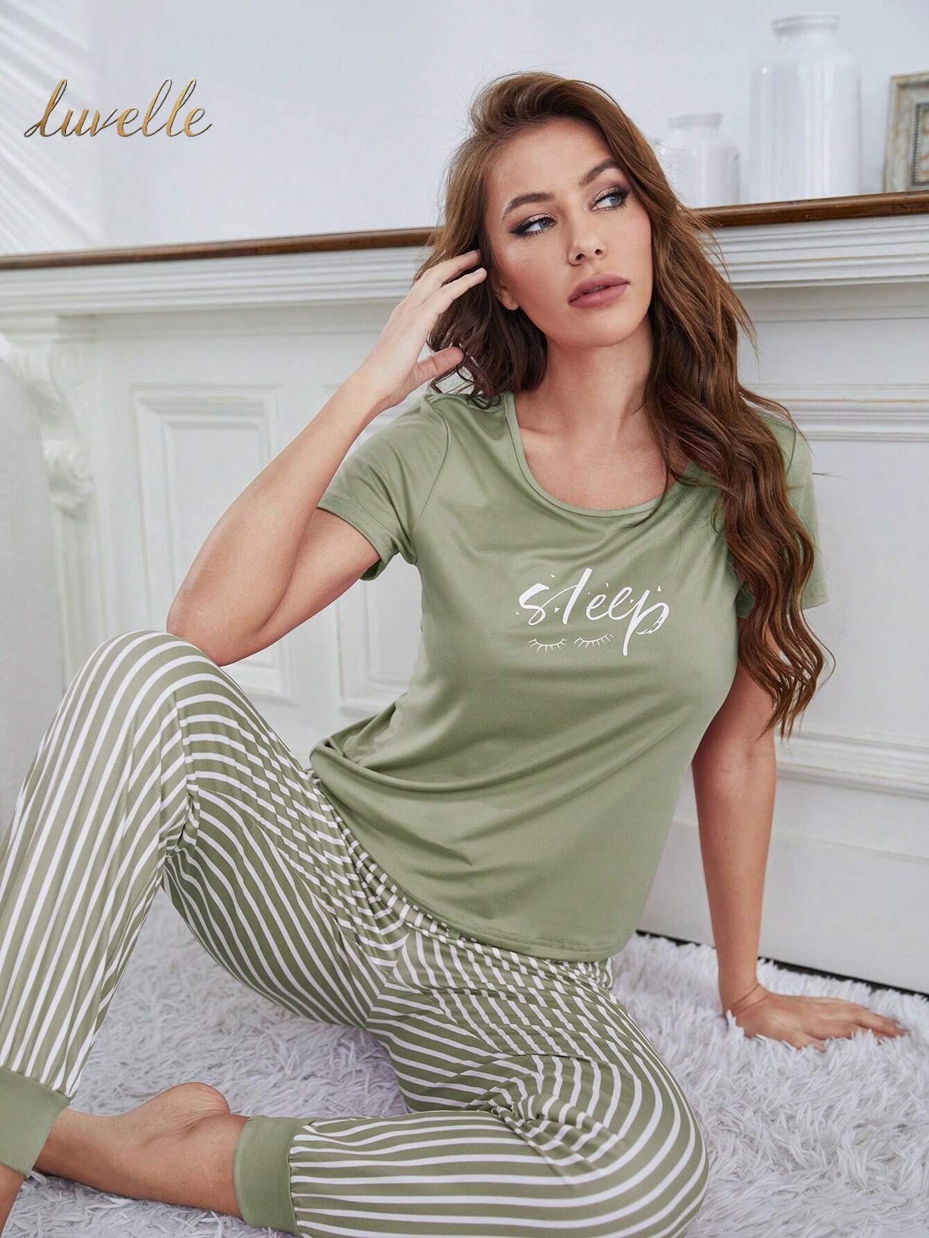 Eyelash & Letter Graphic Tee & Striped Pants PJ Set / Pajama Set_Green