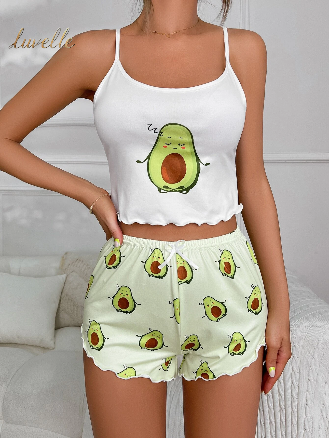 Cartoon Graphic Lettuce Trim Cami Top & Shorts PJ Set / Pajama Set