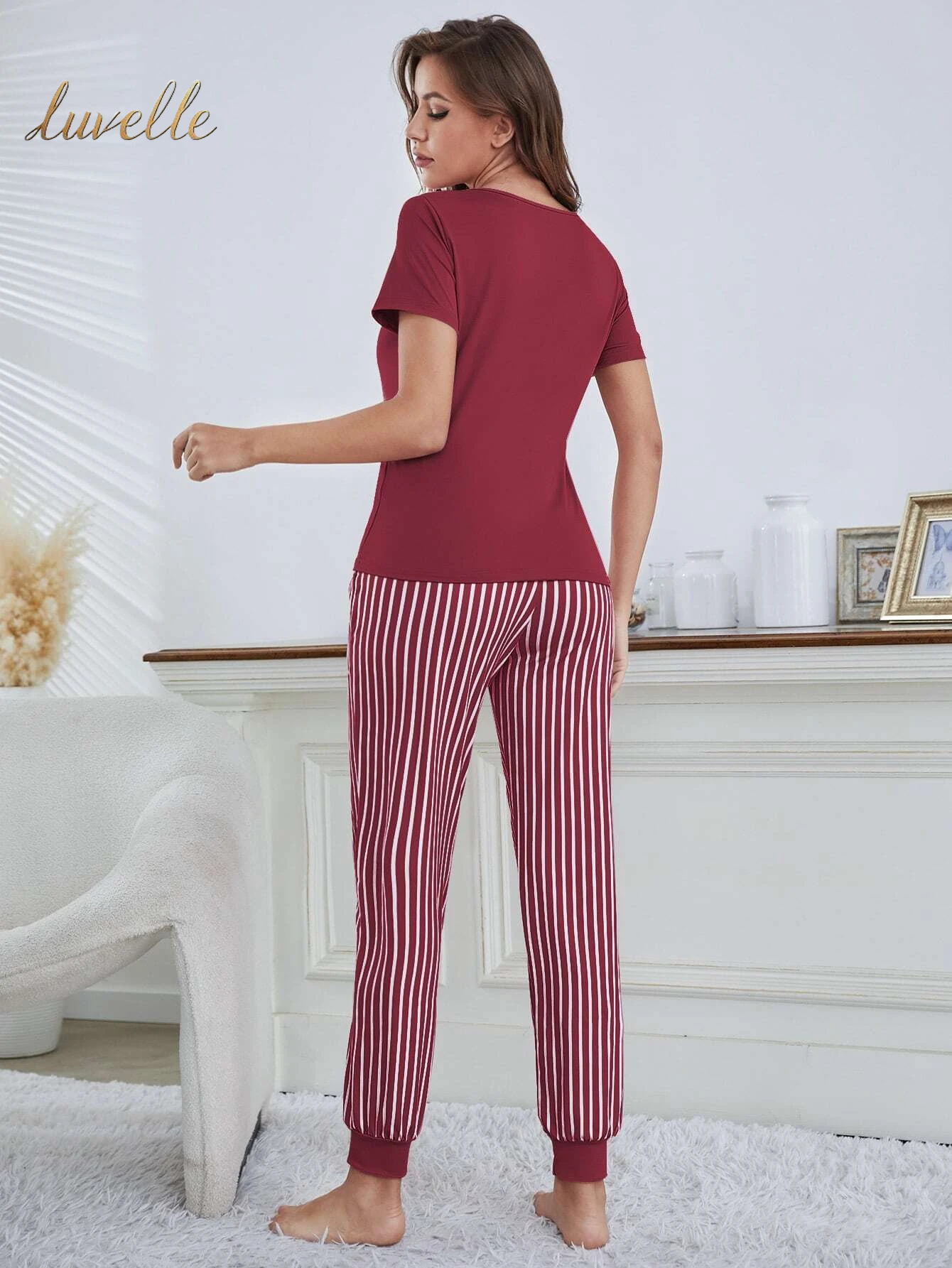 Eyelash & Letter Graphic Tee & Striped Pants PJ Set / Pajama Set_Burgundy