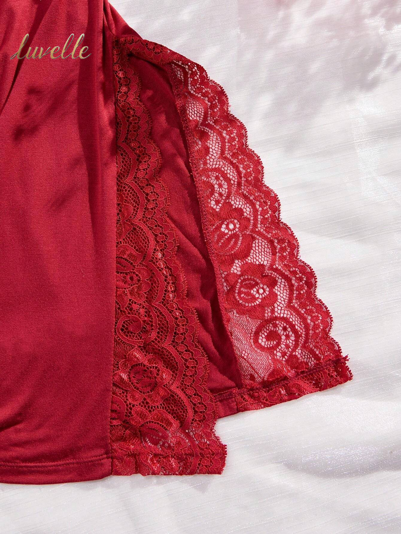 1Pc plus Size Women Lace Trim Bowknot Decor Side Slit Camisole Nightgown_Burgandy