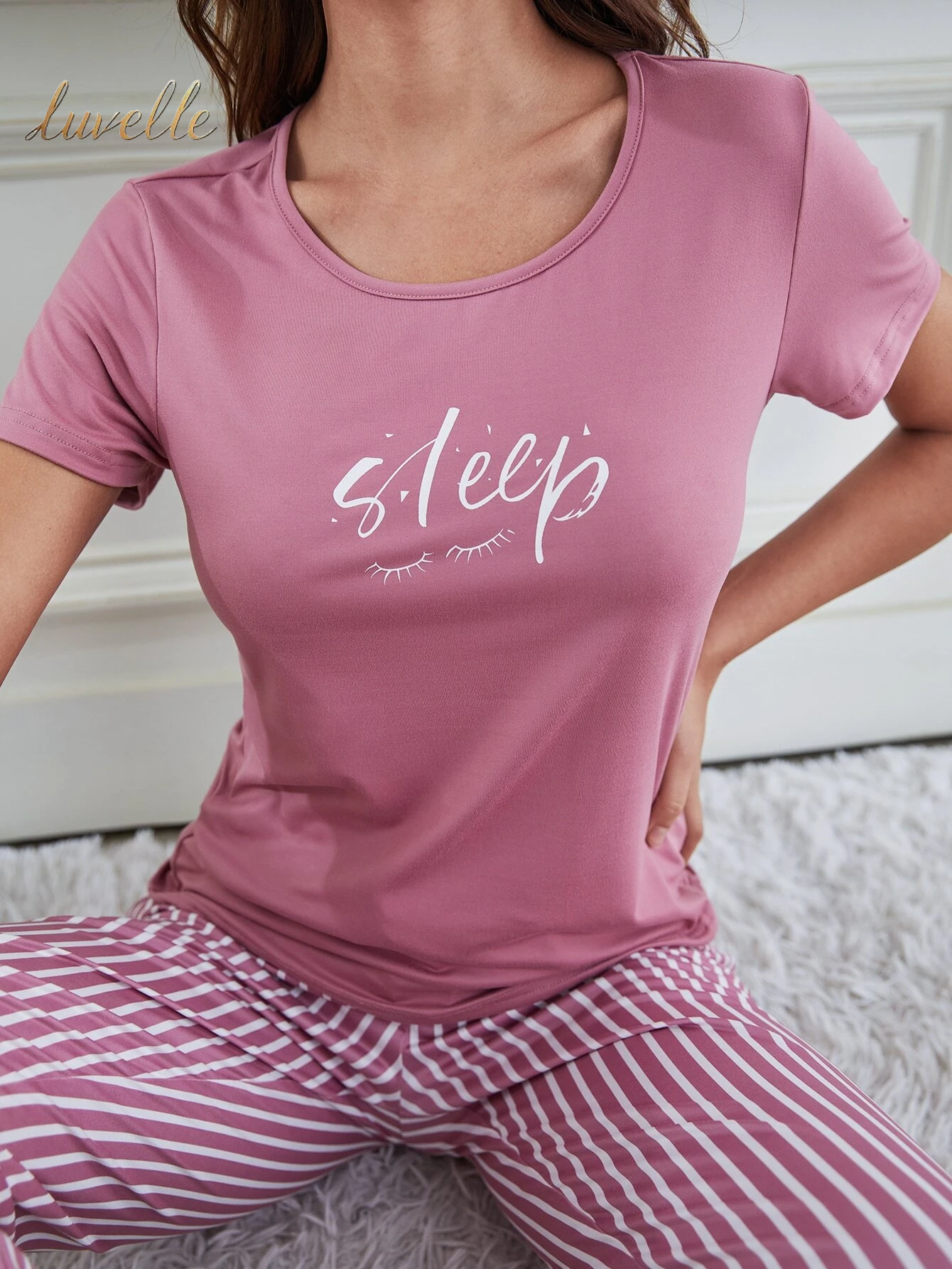 Eyelash & Letter Graphic Tee & Striped Pants PJ Set / Pajama Set_Dusty Pink