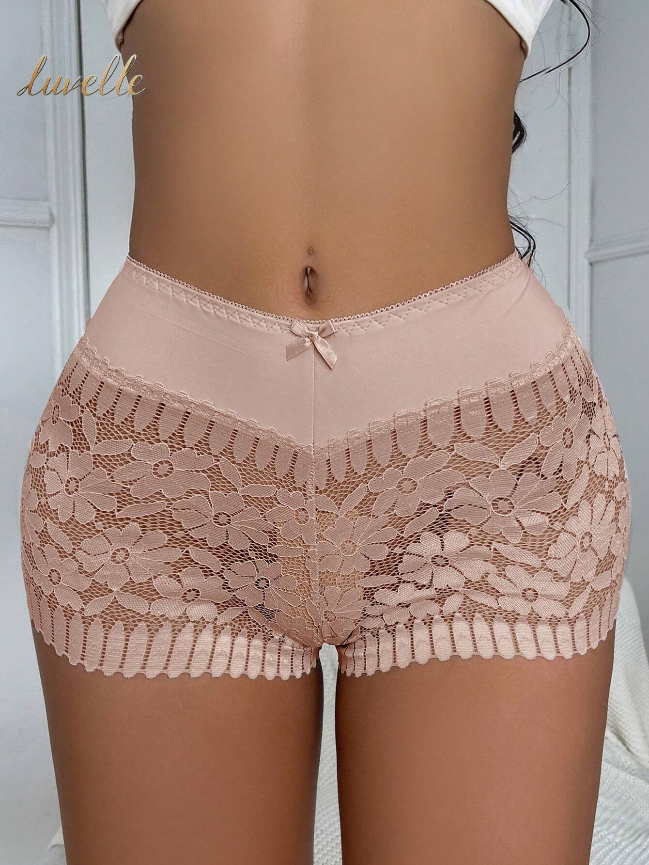 1Pc Sexy Hollow Out Mid-Rise Breathable Lace Underwear with Cross-Border Waist and Buttocks from Europe and America_Dusty Pink