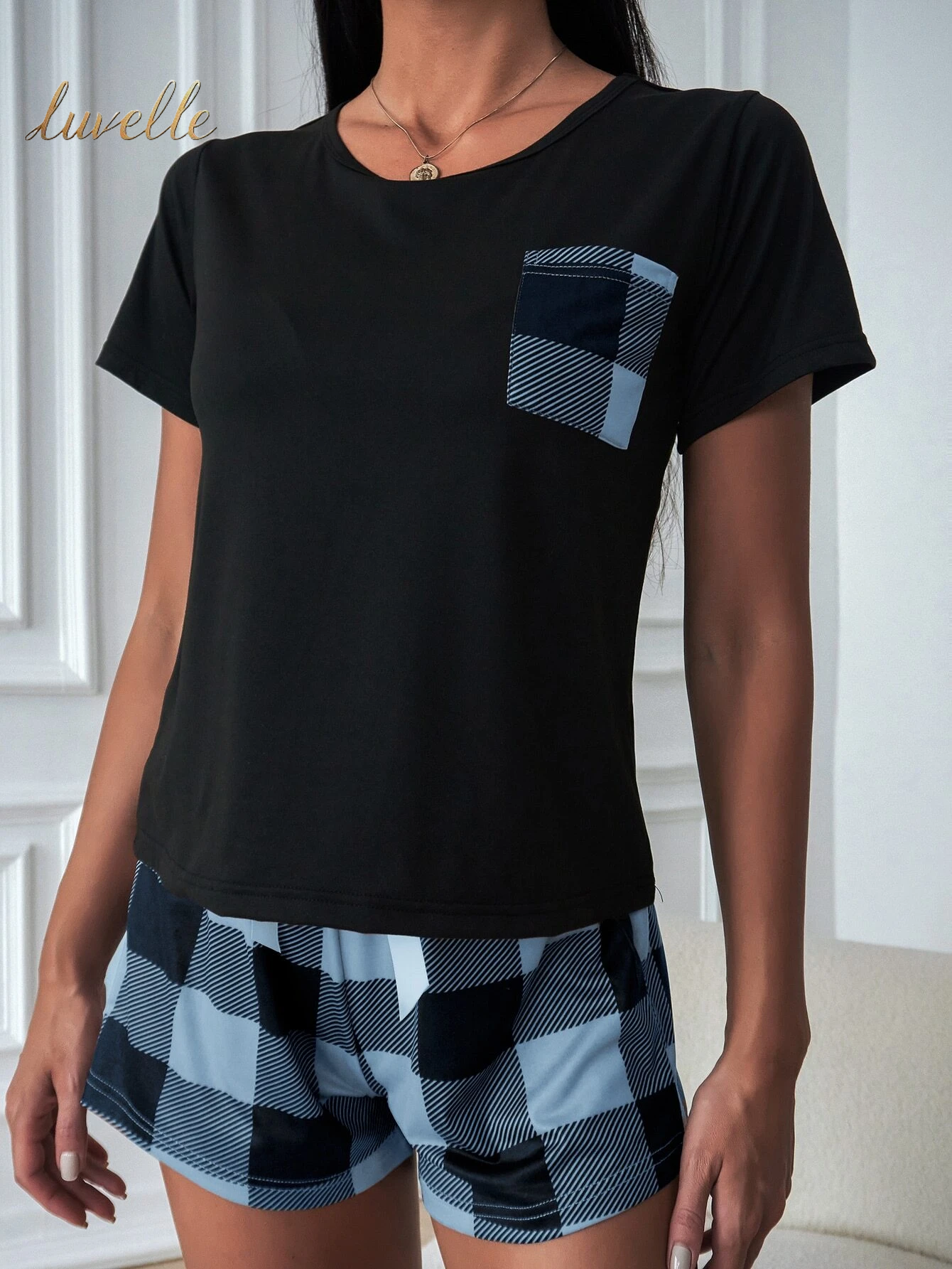 Pocket Patched Tee & Buffalo Plaid Print Shorts PJ Set / Pajama Set_Blue And Black