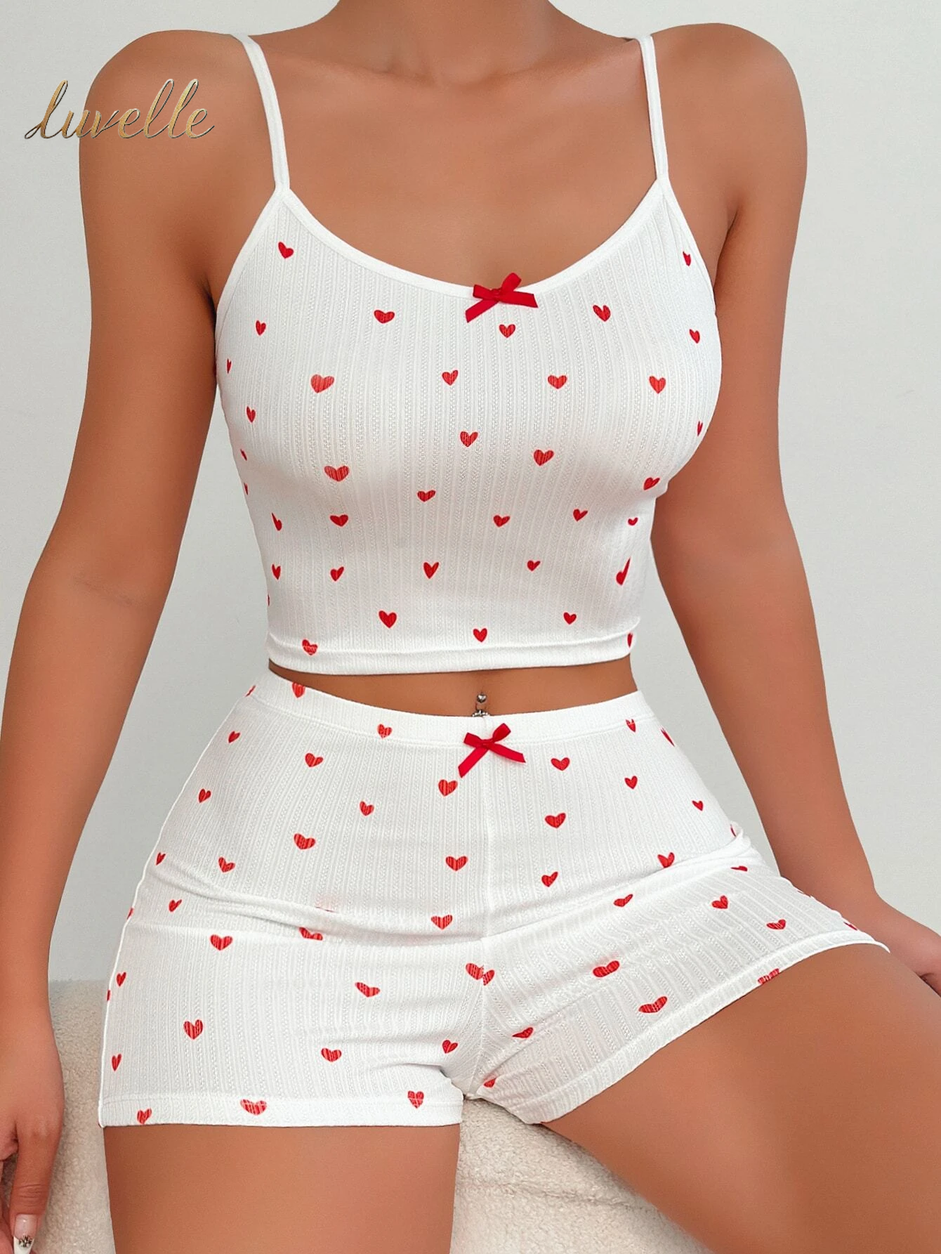 Heart Print Bow Front PJ Set / Pajama Set_White and Red