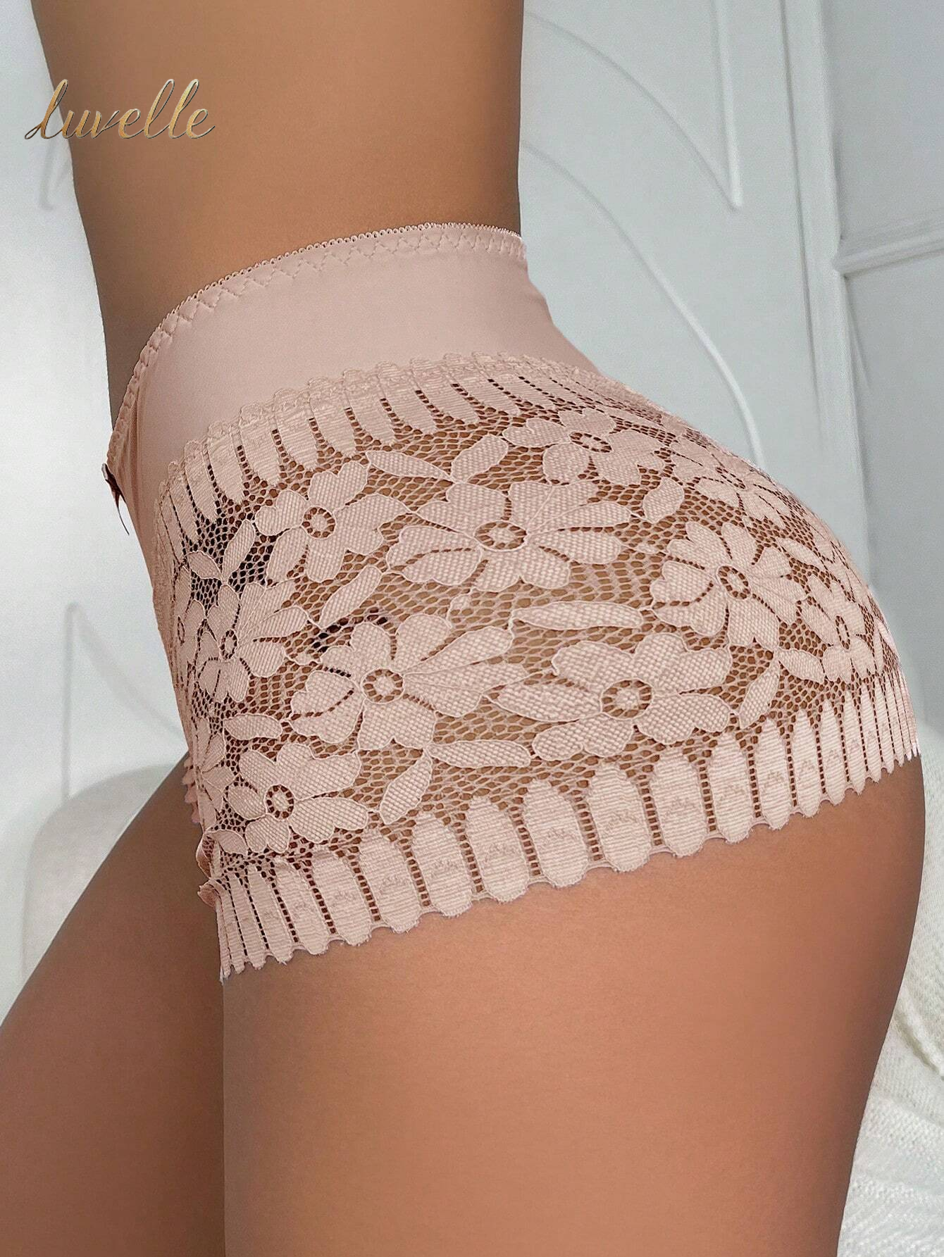 1Pc Sexy Hollow Out Mid-Rise Breathable Lace Underwear with Cross-Border Waist and Buttocks from Europe and America_Dusty Pink