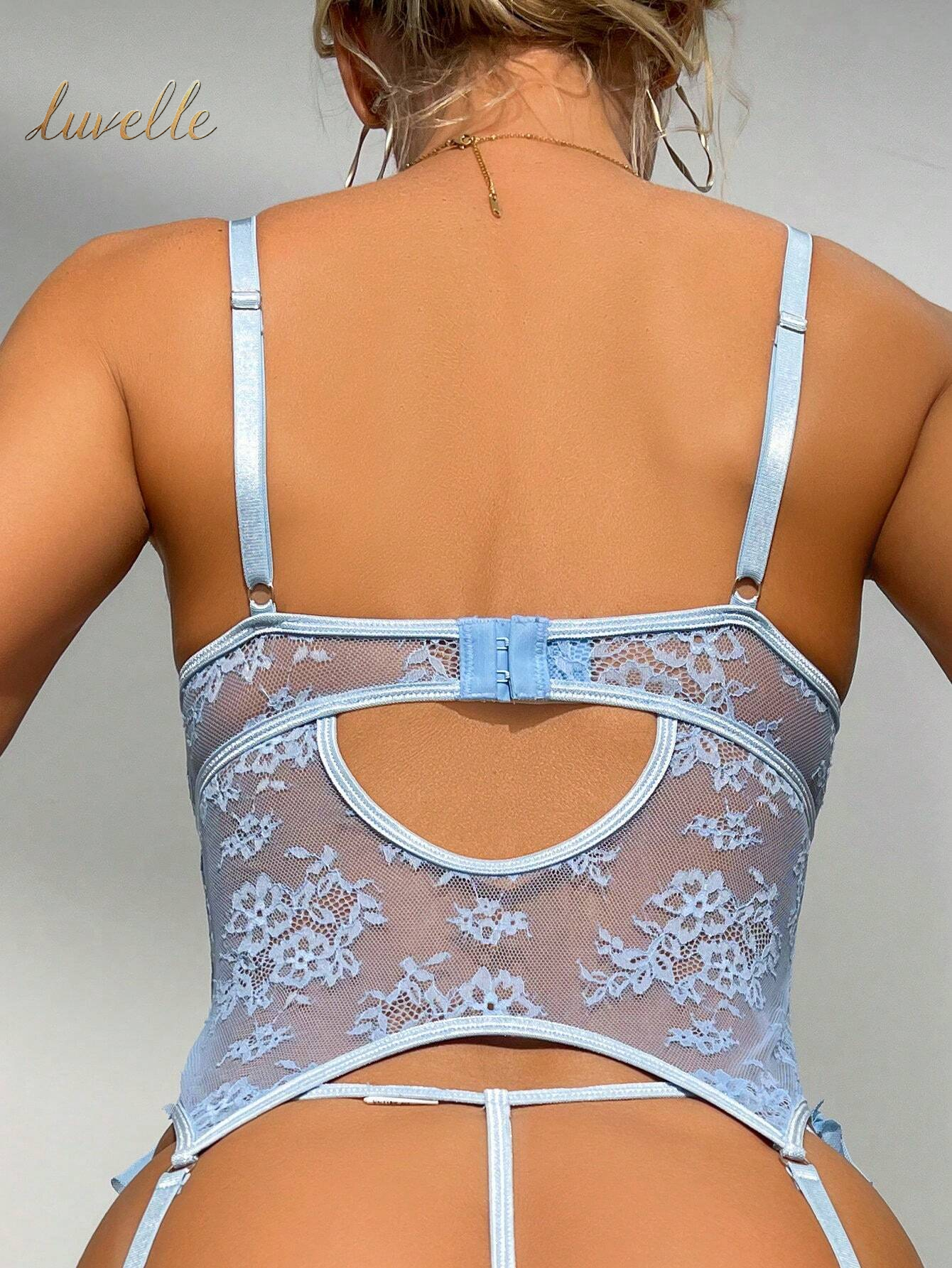 Florallove Floral Lace Underwire Garter Corset Lingerie Set with 1Pair Stocking_Baby Blue