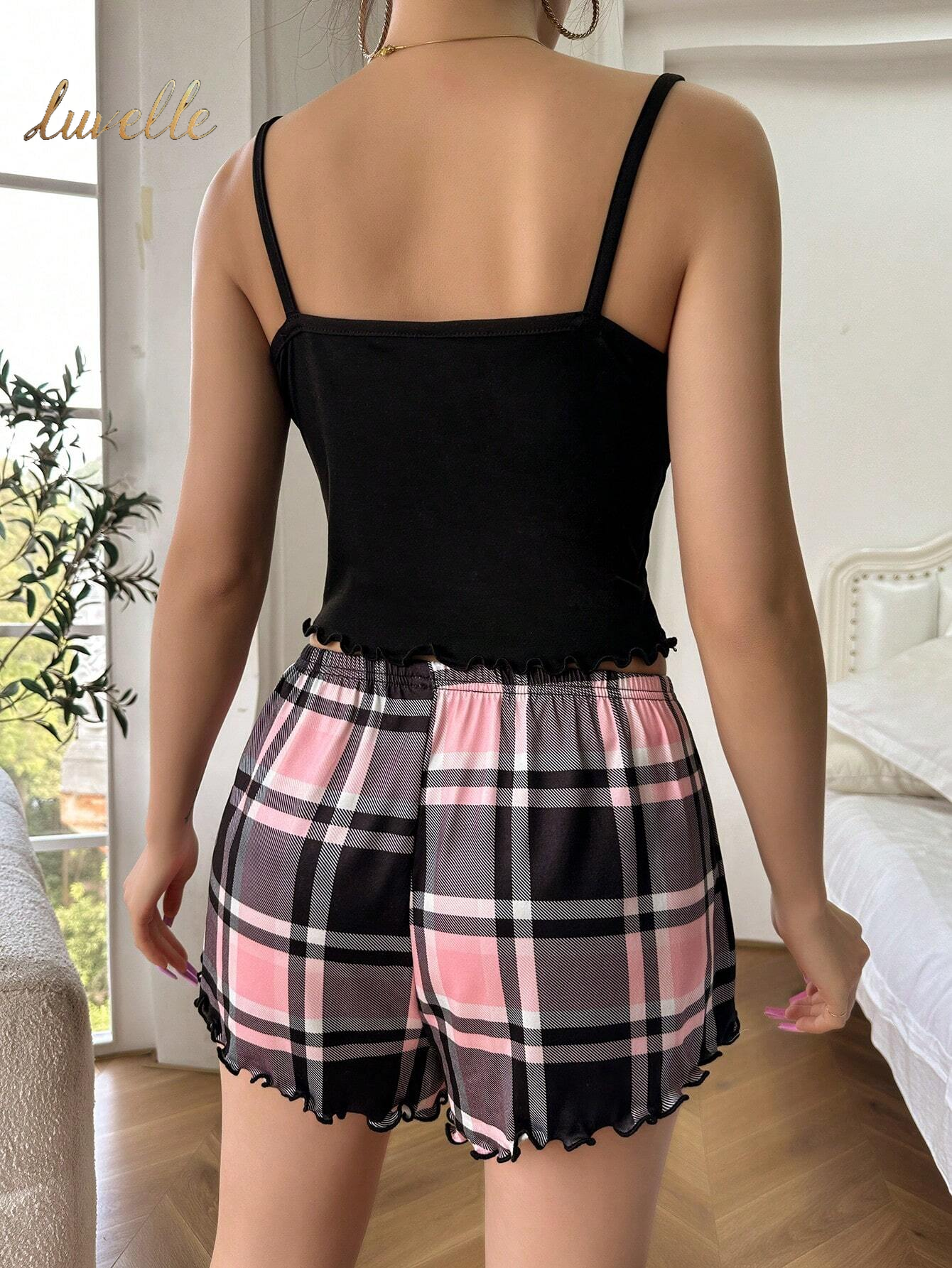 Luvelle Loving Embrace: Heart Shaped Plaid Cami Short PJ Set_Black