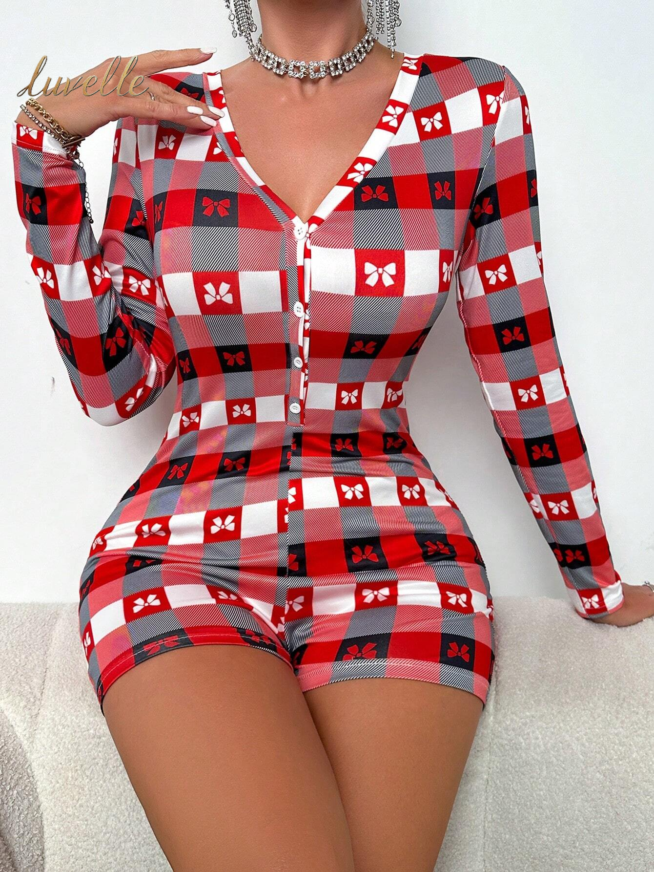 Women'S Plaid Bow Print Pajama Romper_Red