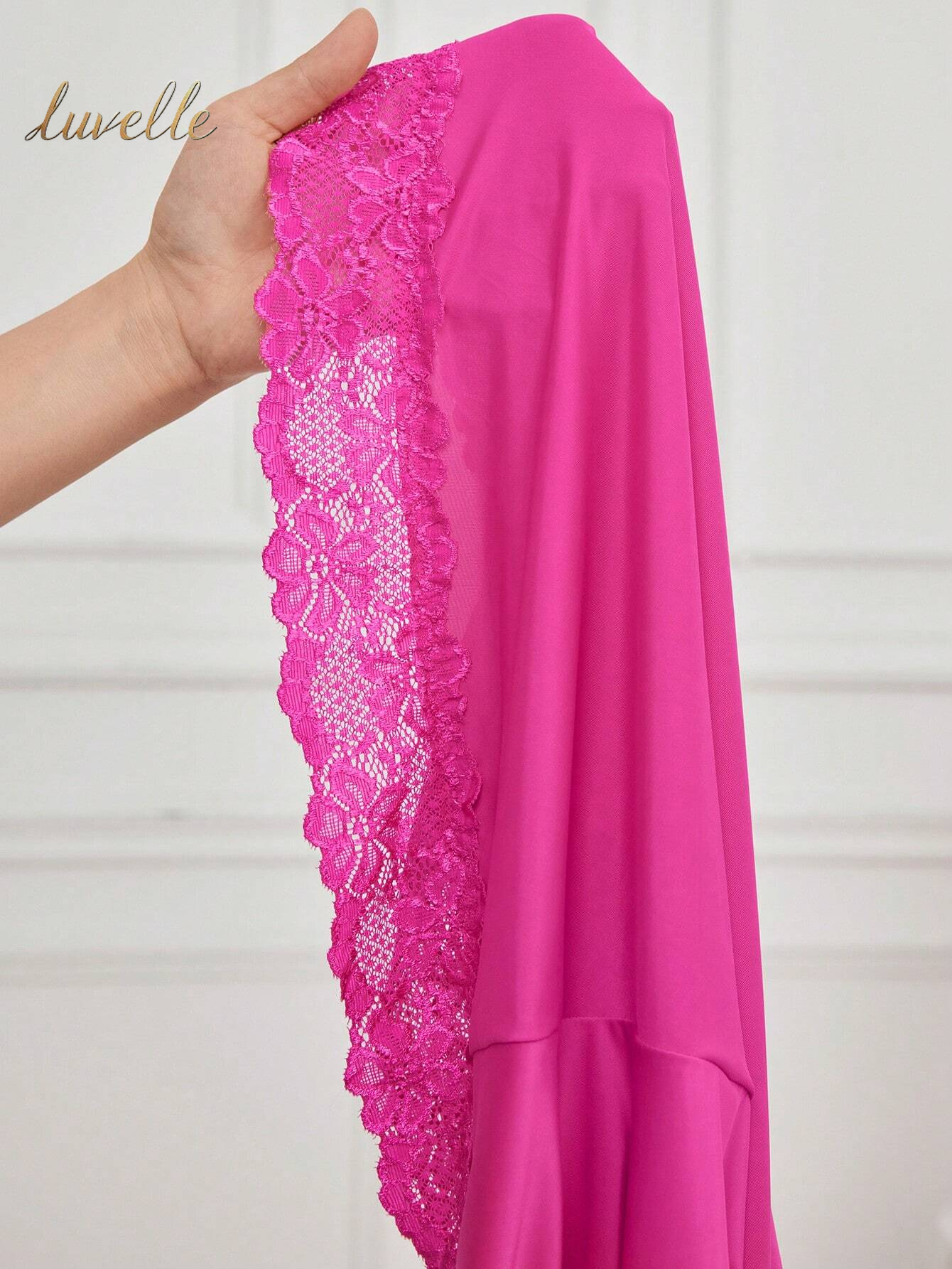 Lace Trim Bow Front Split Hem Cami Pajama Nightdress_Hot Pink