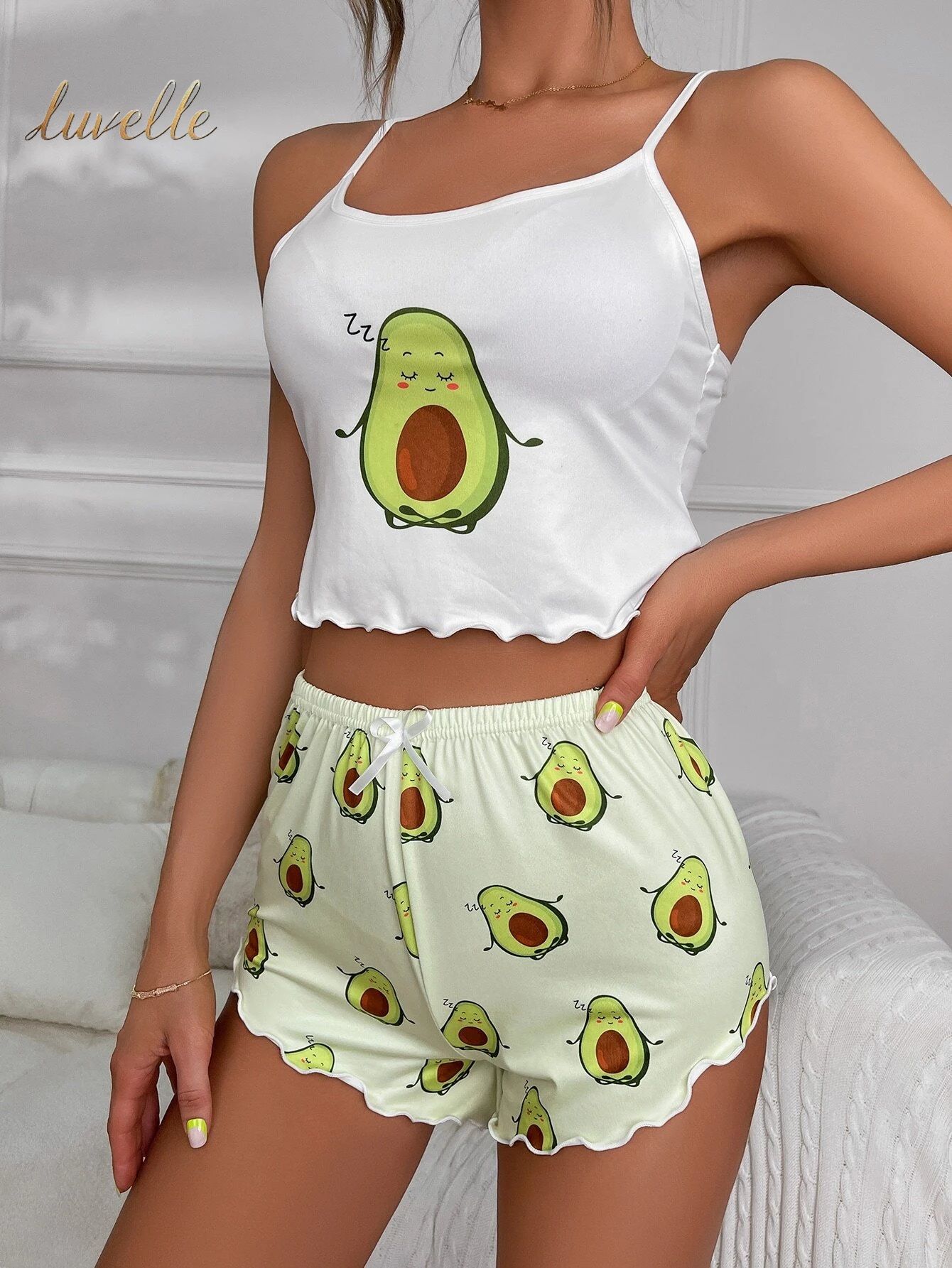 Cartoon Graphic Lettuce Trim Cami Top & Shorts PJ Set / Pajama Set