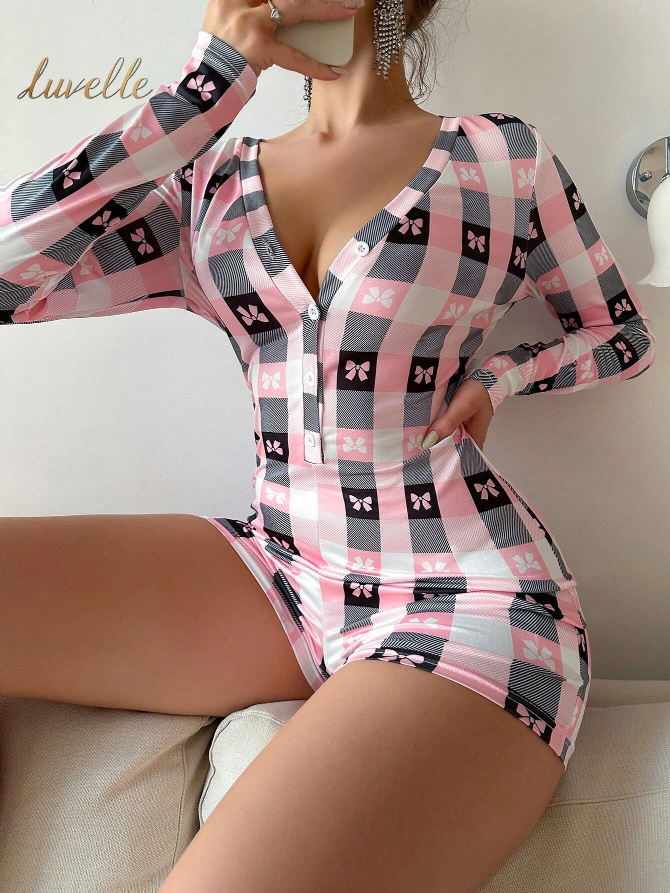 Women'S Plaid Bow Print Pajama Romper_Pink