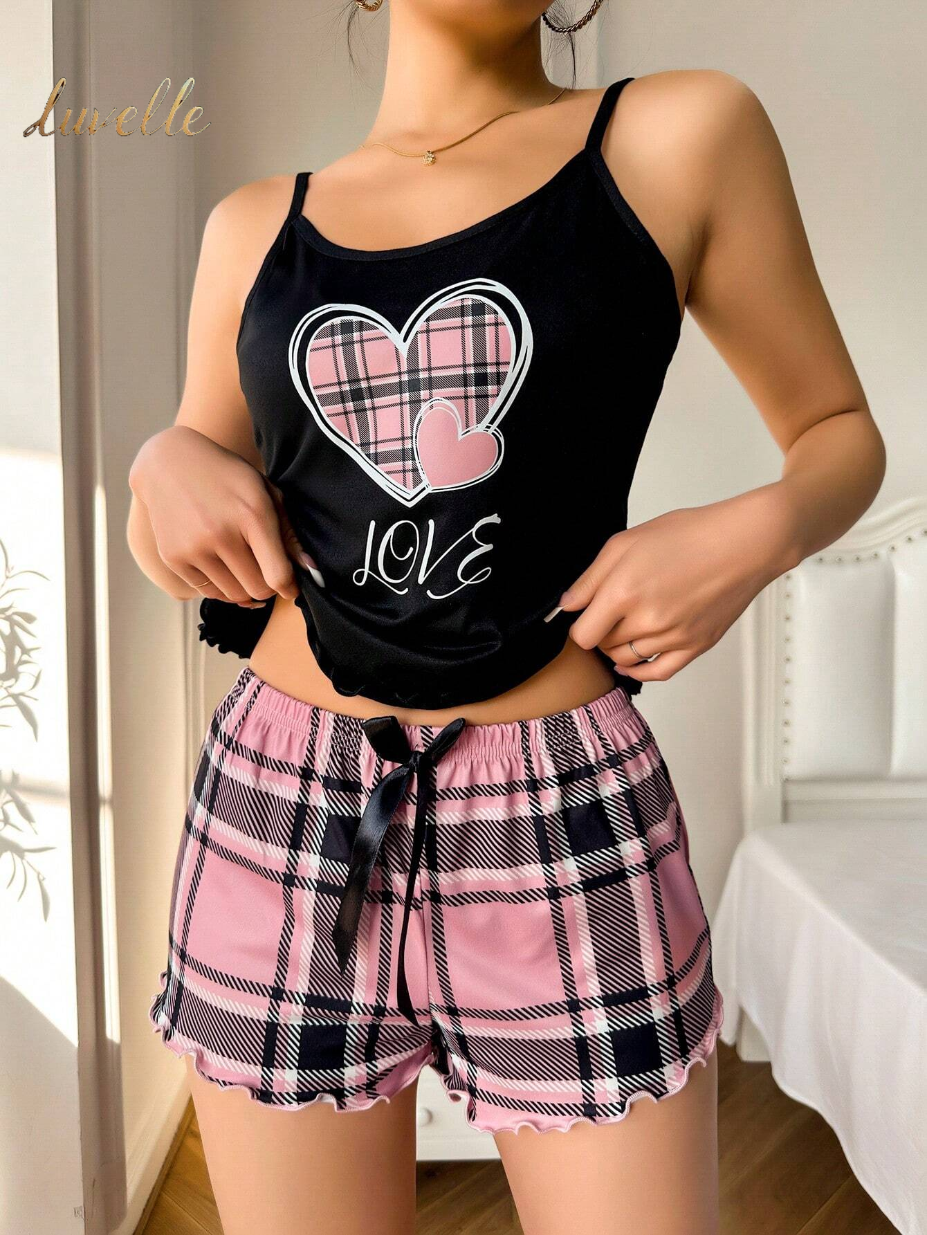 Luvelle Loving Embrace: Heart Shaped Plaid Cami Short PJ Set_Black