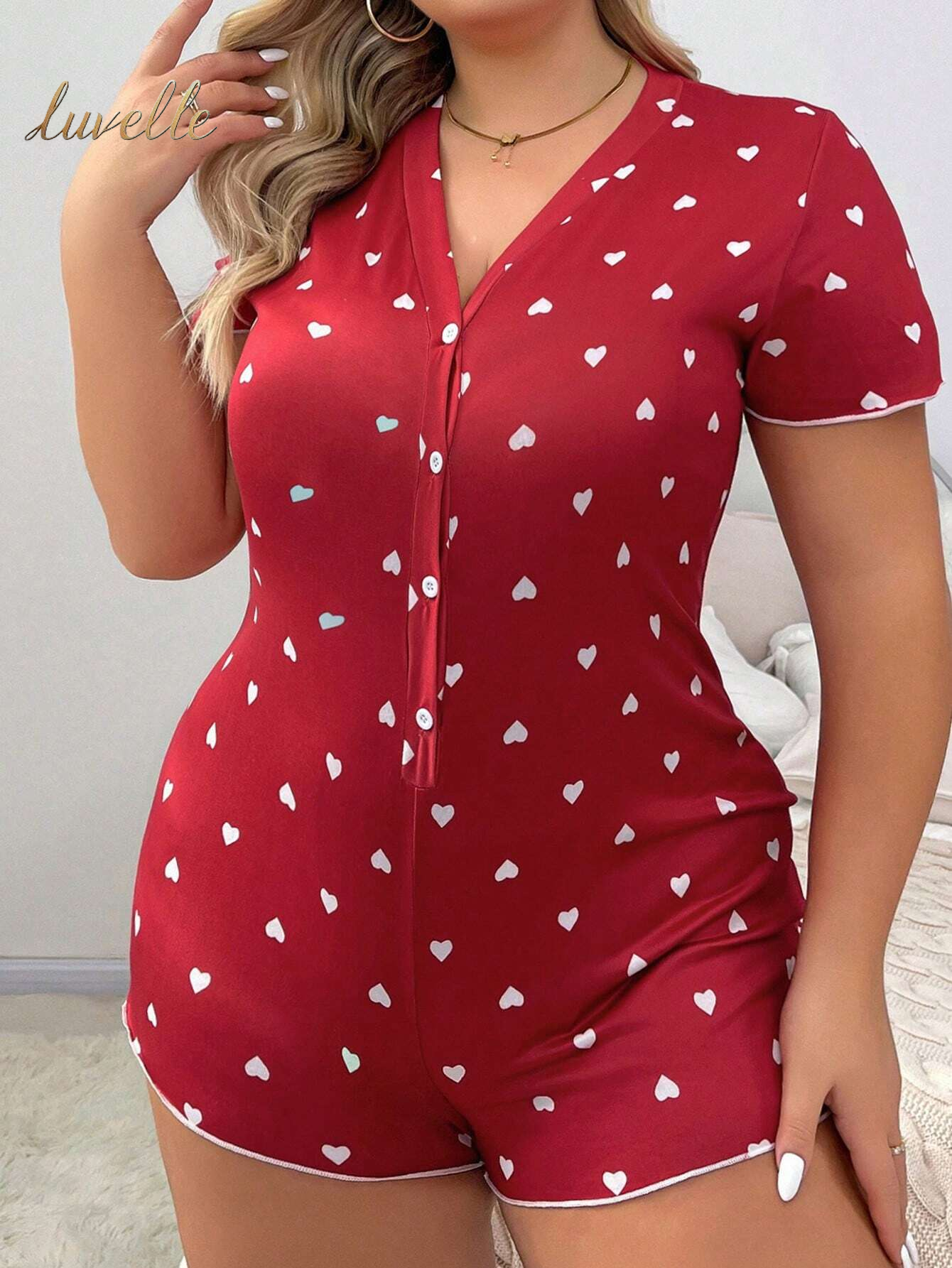 Plus Size Heart Printed Pajamas Romper