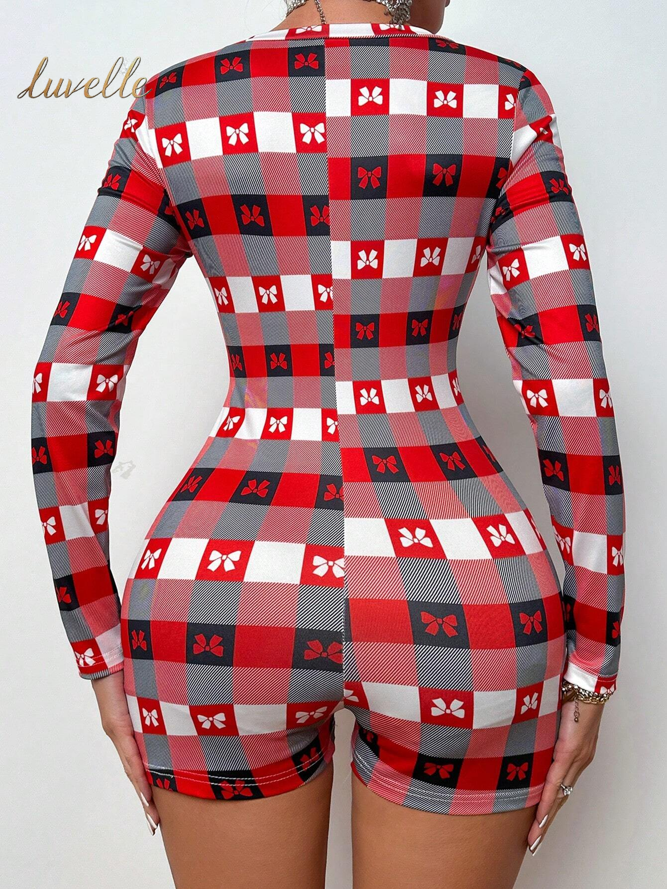 Women'S Plaid Bow Print Pajama Romper_Red