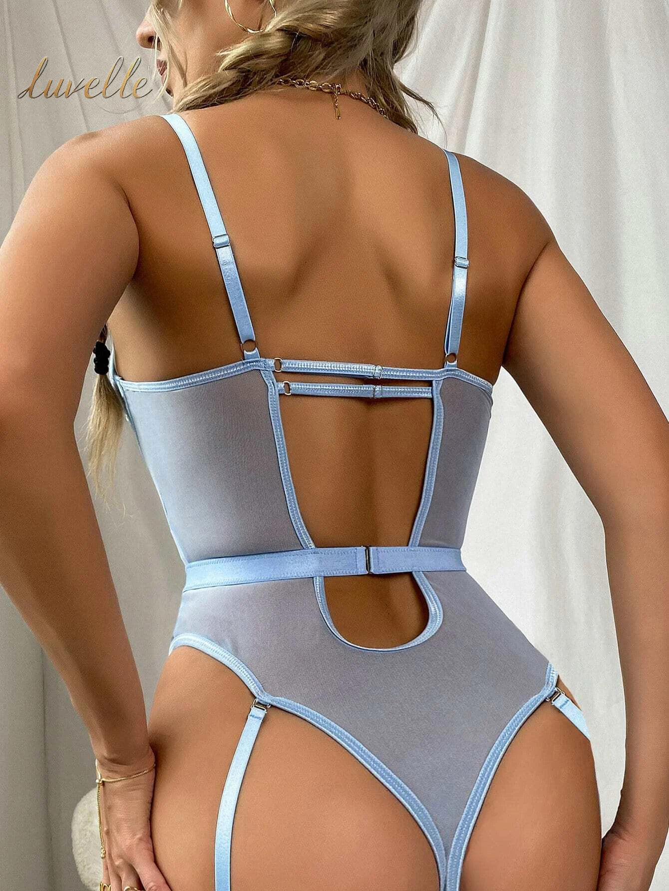 3Pcs Floral Embroidery Mesh Underwire Teddy Bodysuit_Baby Blue