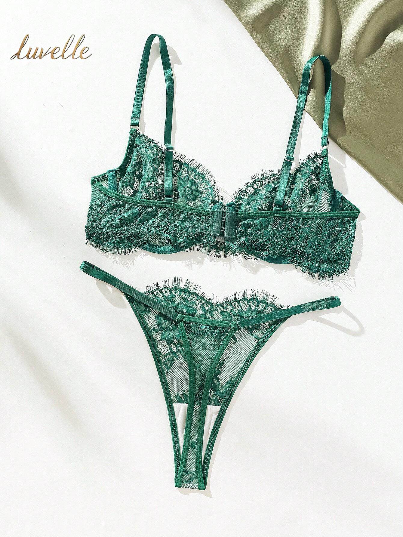 Floral Lace Underwire Lingerie Set_Green