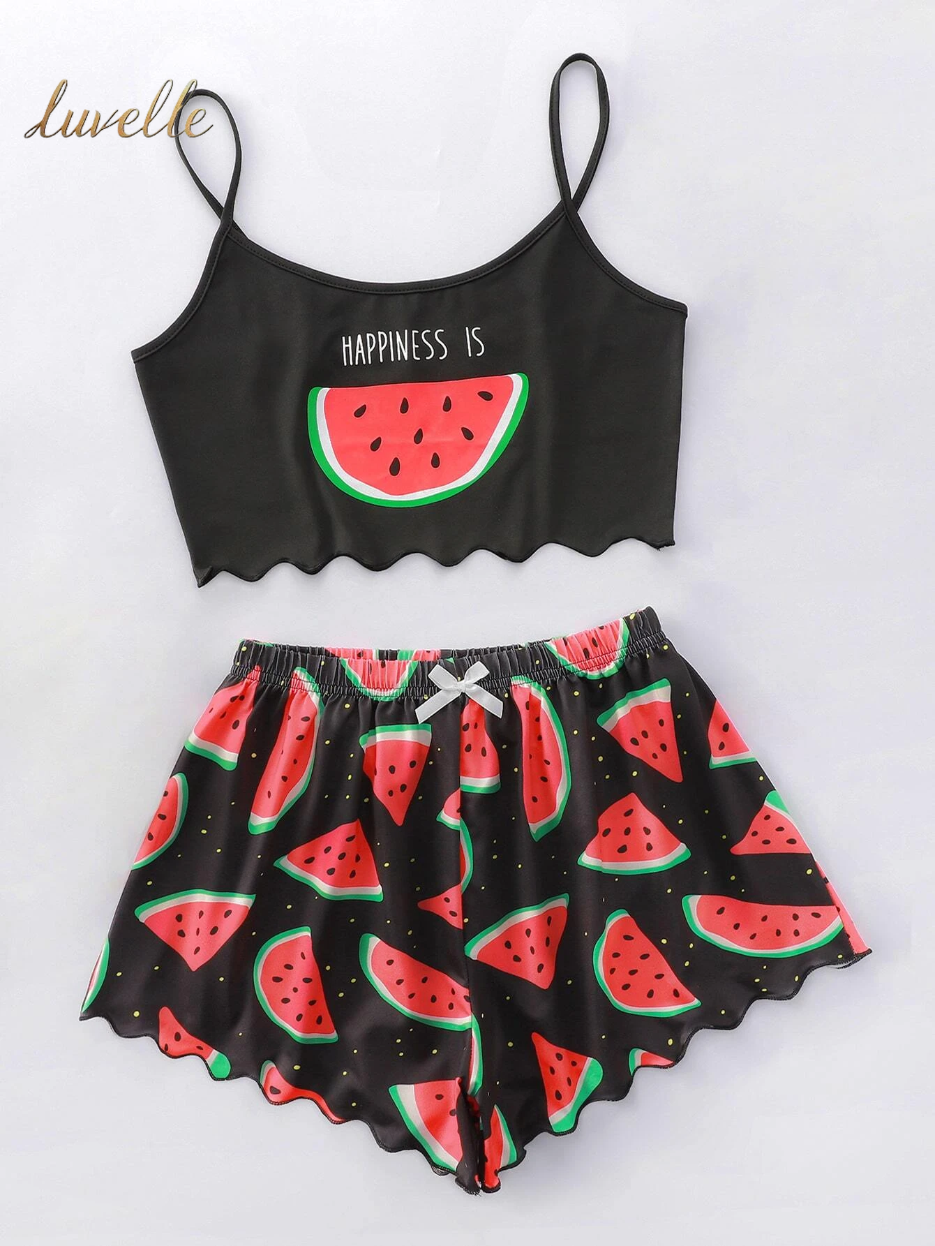 Slogan & Watermelon Bow Pajama Set