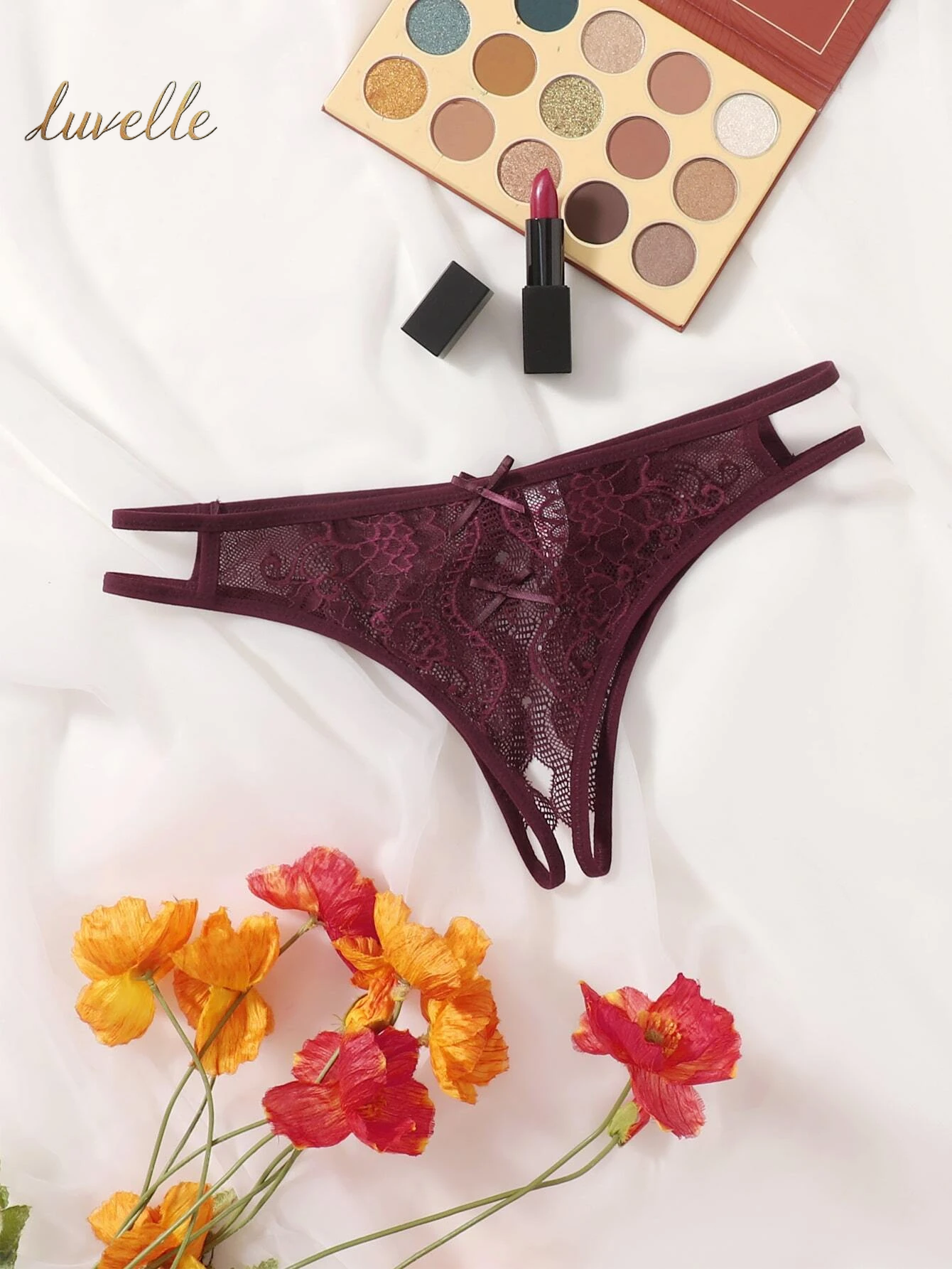 Classic Sexy Floral Lace Bow Decor Crotchless Panty Lingerie_Red Violet