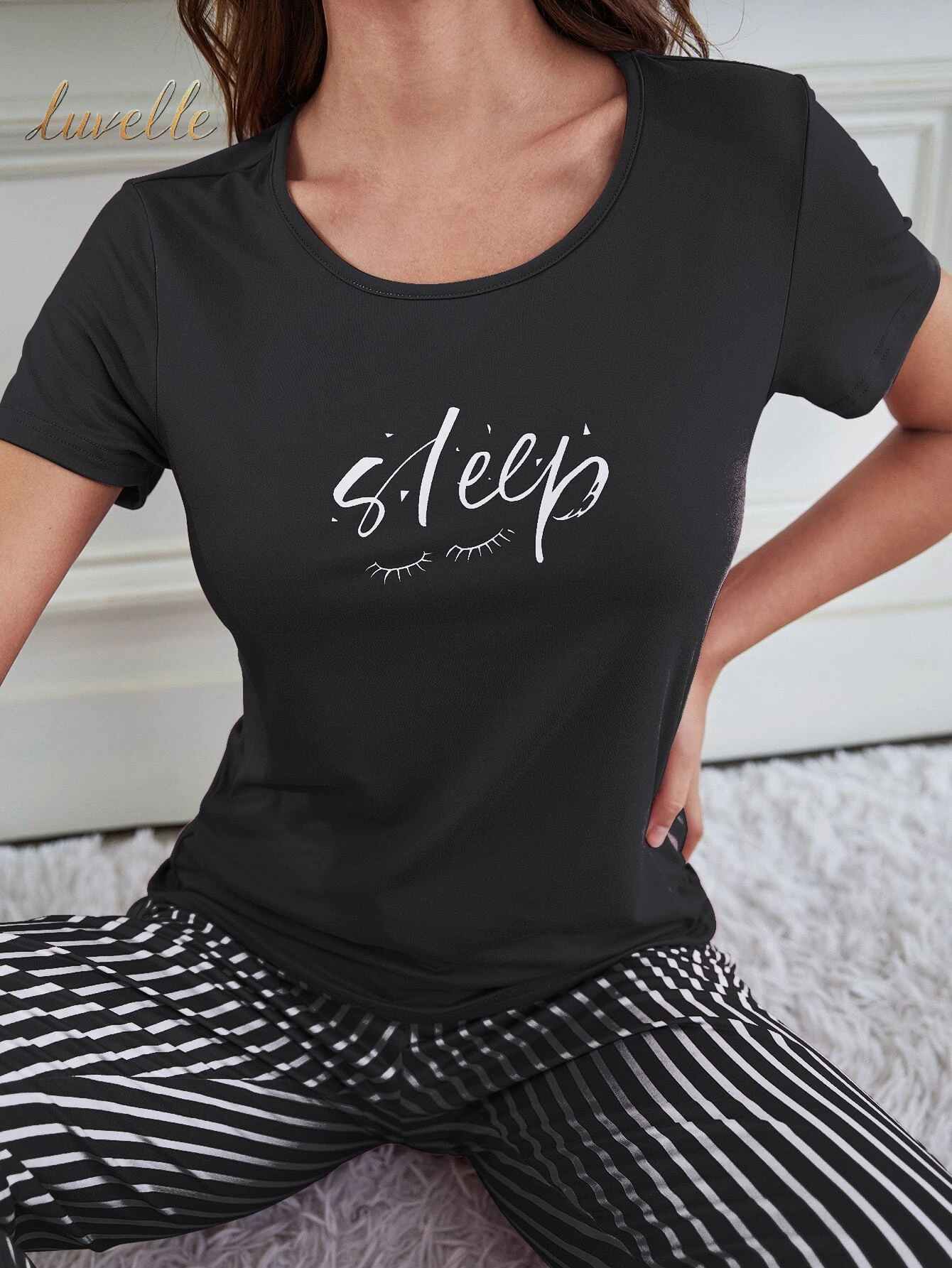 Eyelash & Letter Graphic Tee & Striped Pants PJ Set / Pajama Set_Black