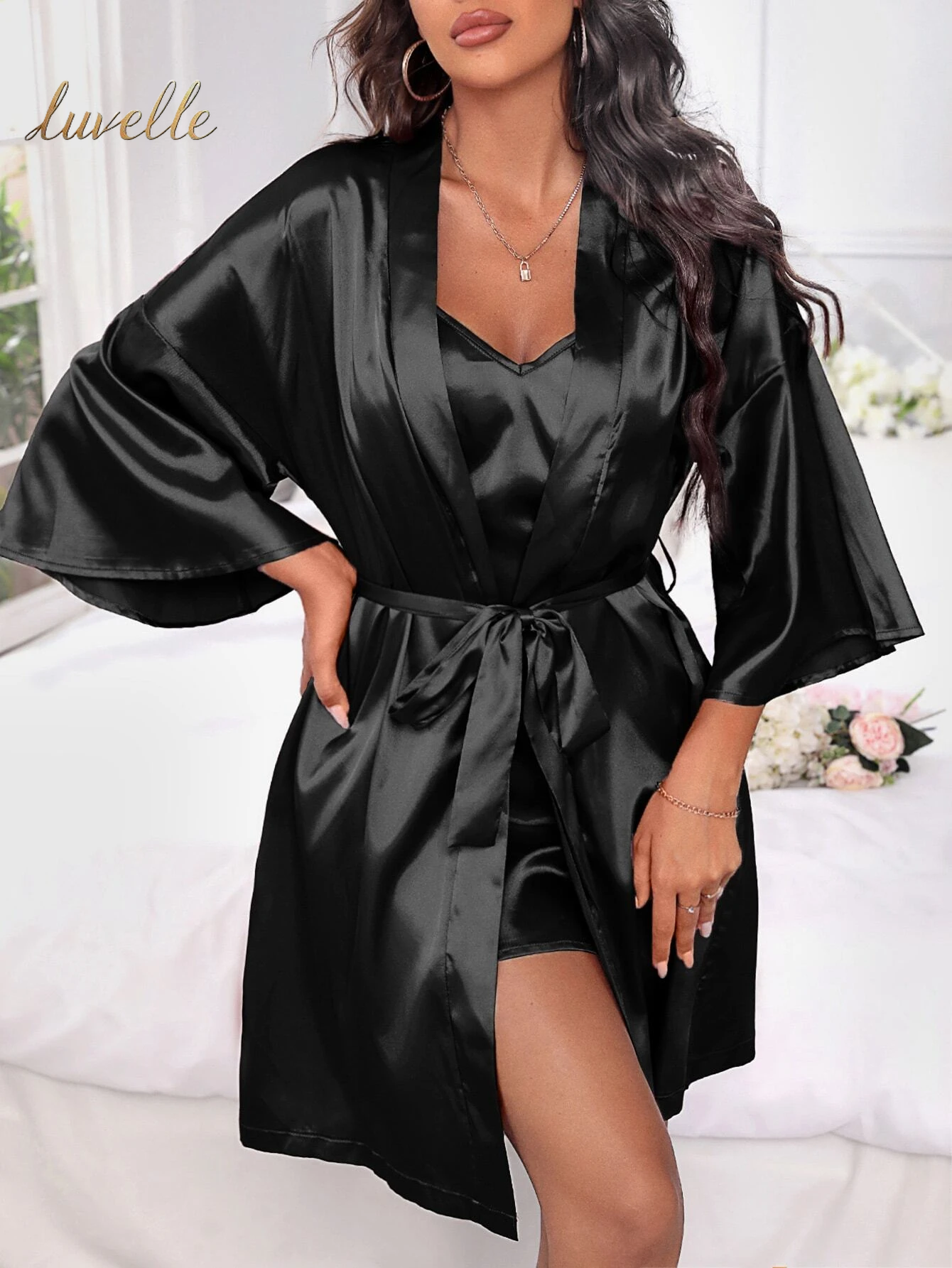 Solid Satin Nightdress & Drop Shoulder Belted Robe Pajama Set_Black