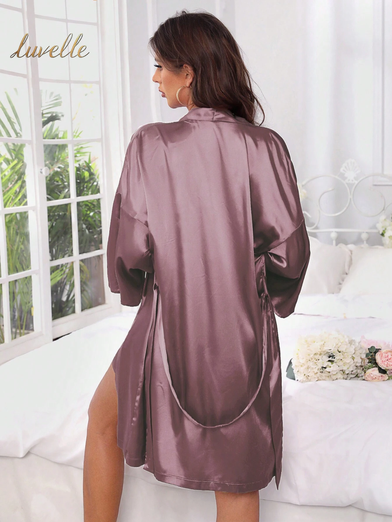 Solid Satin Nightdress & Drop Shoulder Belted Robe Pajama Set_Mauve Purple